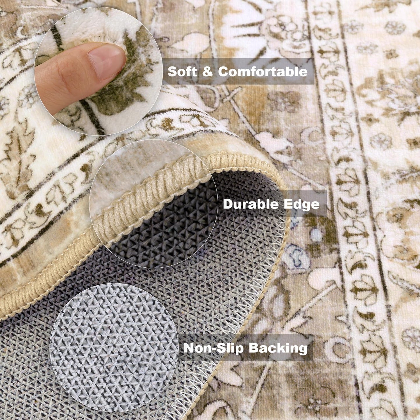 Washable Non-Slip Vintage Hallway Runner Rug, 2x8 ft, Boho Floral Soft Faux Wool Carpet with Rubber Backing for Laundry, Entryway, and Bedroom (Beige Brown)
