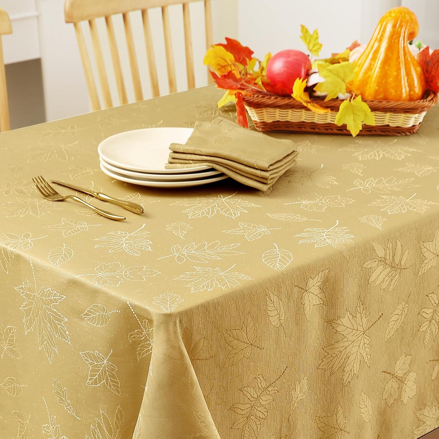 Rectangle Thanksgiving Tablecloth, 60X84 Inch Fall Waterproof Damask Table Cloth, Autumn Leaves Fabric Jacquard Table Covers for Harvest Parties, and Holiday Dinner, Gold
