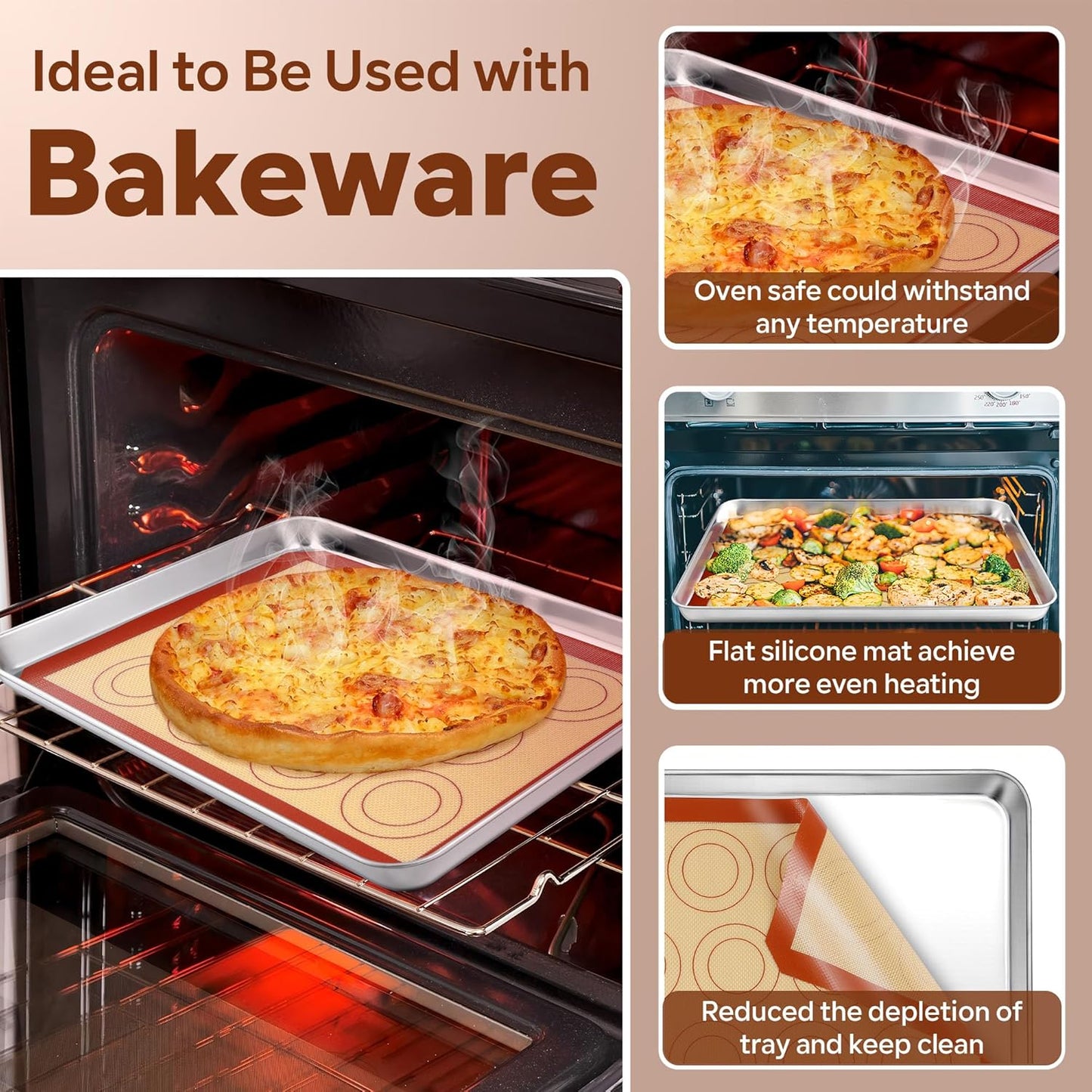 15 Inch Silicone Baking Mats, 2 Pcs Reusable Silicone Oven Mat, Non Stick Baking Supplies for Macaroon Pastry Bread Dough Cookie, Fits Well with Sheet Pan, Healthy & Easy Clean