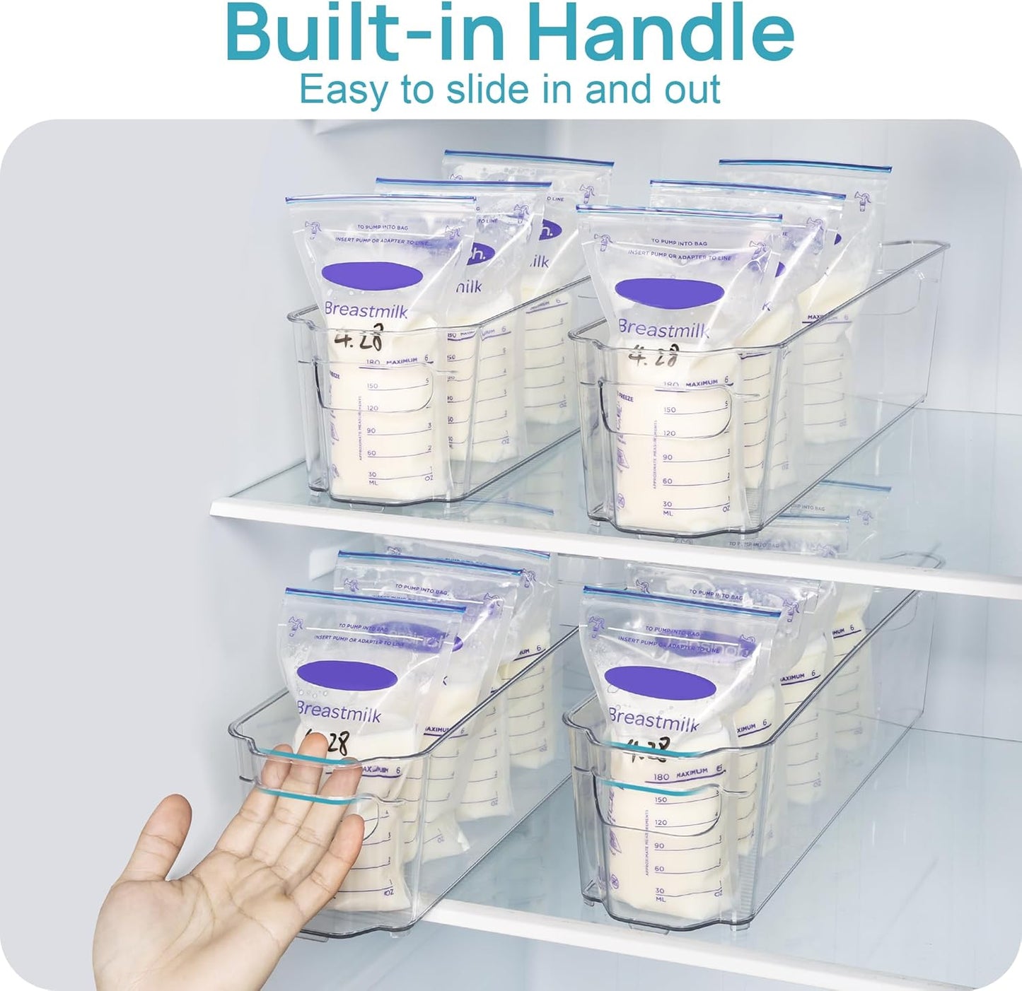 Breastmilk Storage Container 4PCS Set, Clear Freezer and Fridge Organizer Bins, Plastic Storage Bins for Breast Milk, Baby Pouches, Formula, Bottles and Yogurts, 4.3’’ Width, 14.7" Long