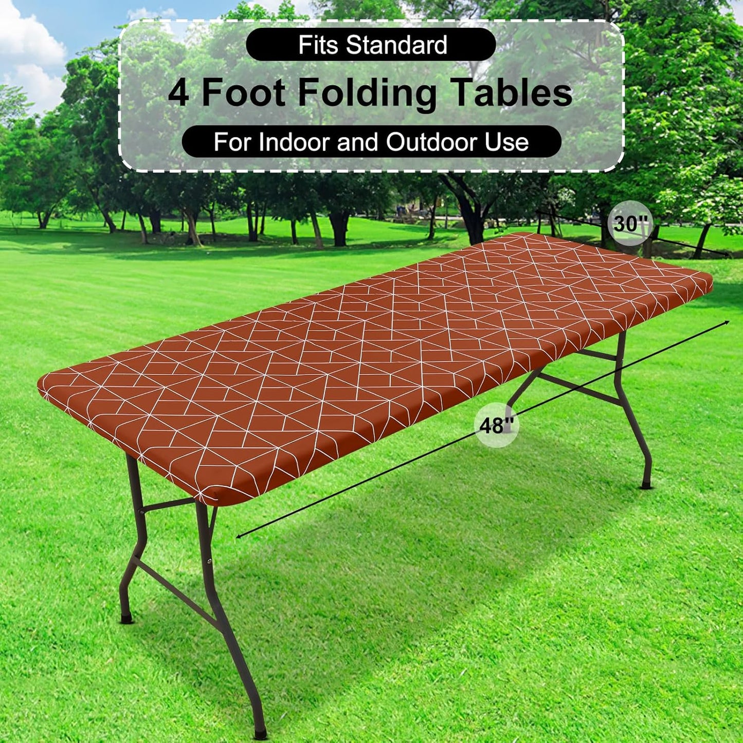 Rectangle Vinyl Tablecloth, 4 Foot Elastic Fitted Table Cover with Flannel Backing, 100% Waterproof Plastic Table Cloth for Picnic, Camping, Outdoor (Rust, 30X48 Inch)