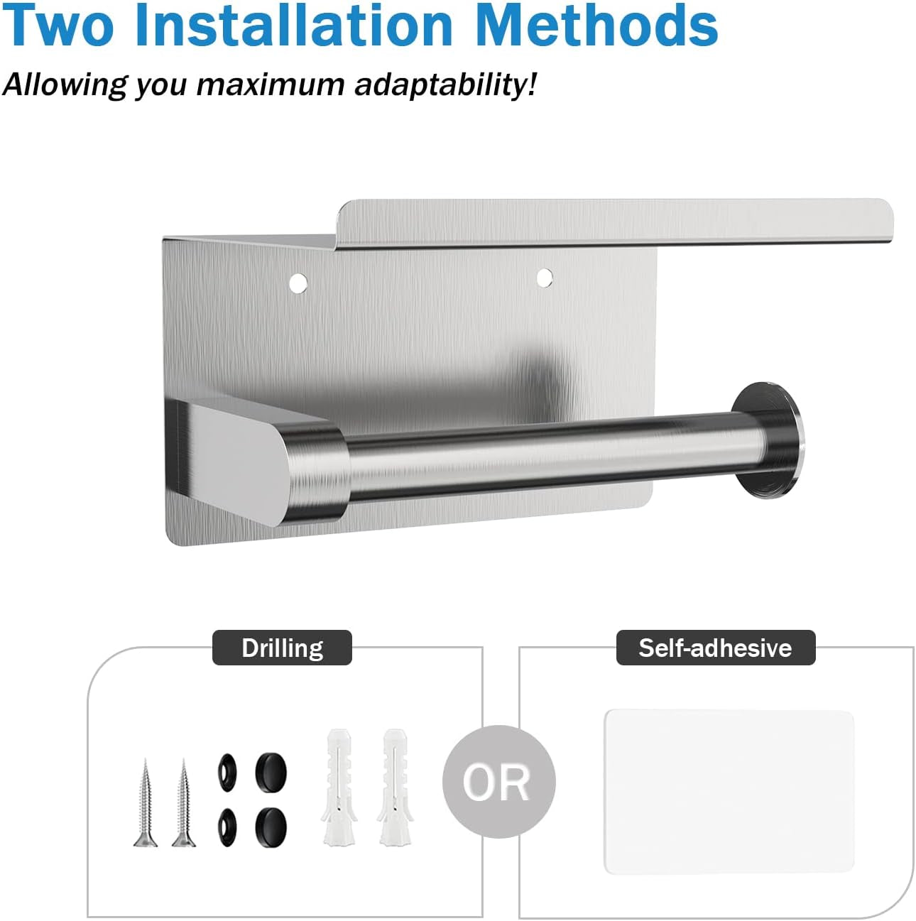 Adhesive Toilet Paper Holder with Phone Shelf, Wall Mounted or Adhesive, Rustproof Toilet Paper Roll Holder- Silver