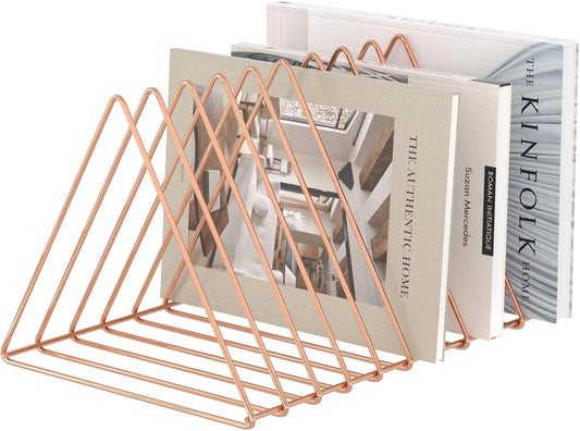 Triangle Desk Organizers Metal Wire Magazine Holder 10 Sections Decorative File Folder Organizer Vinyl Record Storage Office File Organizer for Desk - Rose Gold Magazine File Holder