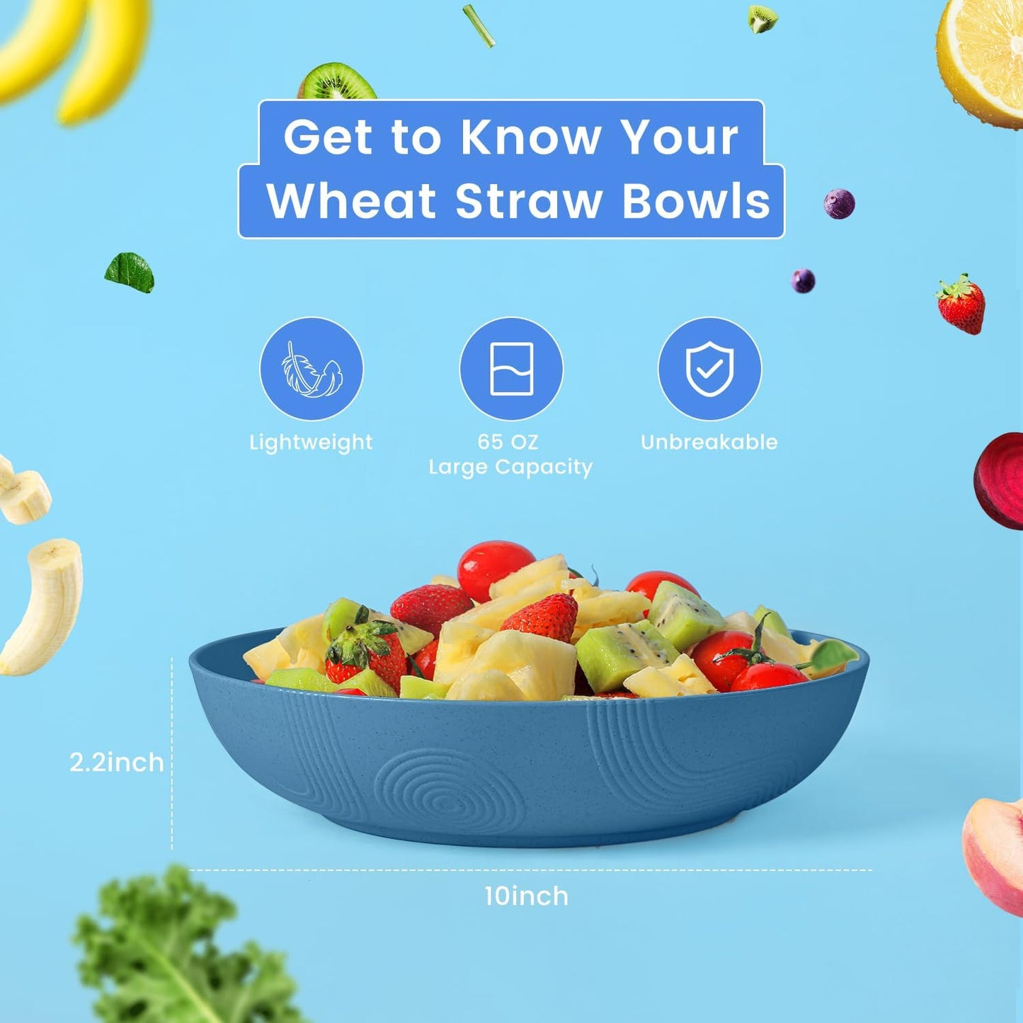 Wheat Straw Serving Bowls Set of 2 - 60 OZ Large Capacity, Microwave and Dishwasher Safe, Ideal for Kitchen, Camping, and Picnics (Blue)