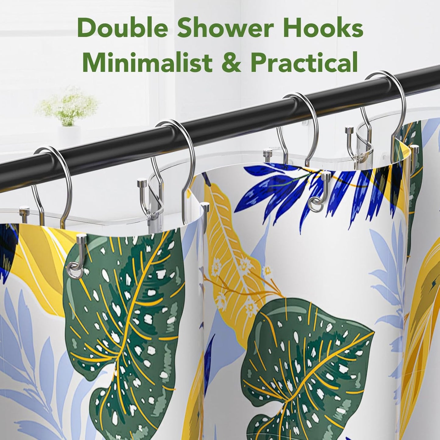 Shower Curtain Hooks, Black Shower Curtain Rings, Sturdy Simple Double Hook Shower Curtain Hooks Rust Proof, Smooth Gliding Metal Shower Hooks for Shower Curtain Rod (Chrome, 12 Pack)