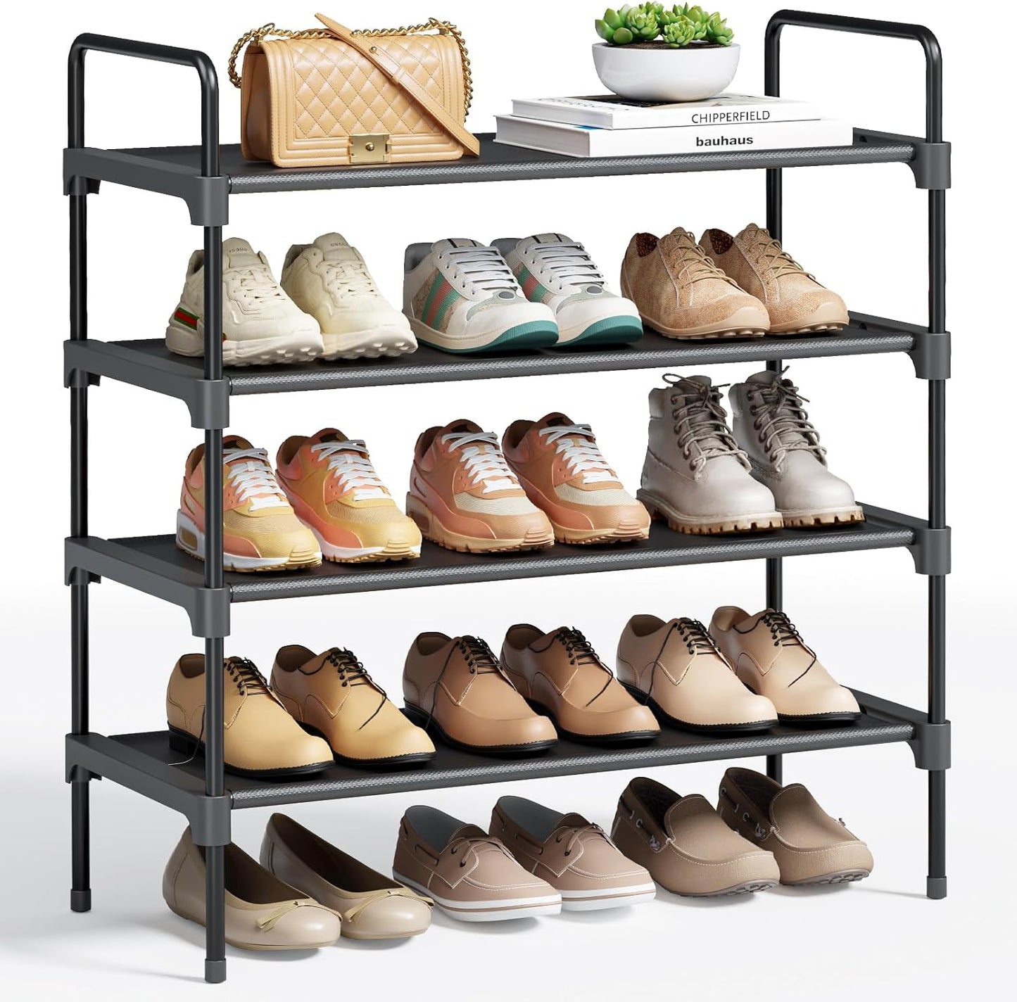 4-Tier Shoe Rack - Metal Shoe Organizer and Shoe Shelf with Handle, Easy-Assembly, Sturdy Shoe Rack for Closet, Entryway, Bedroom (Black, 26.6'' X 11.4'' X 29.5'')
