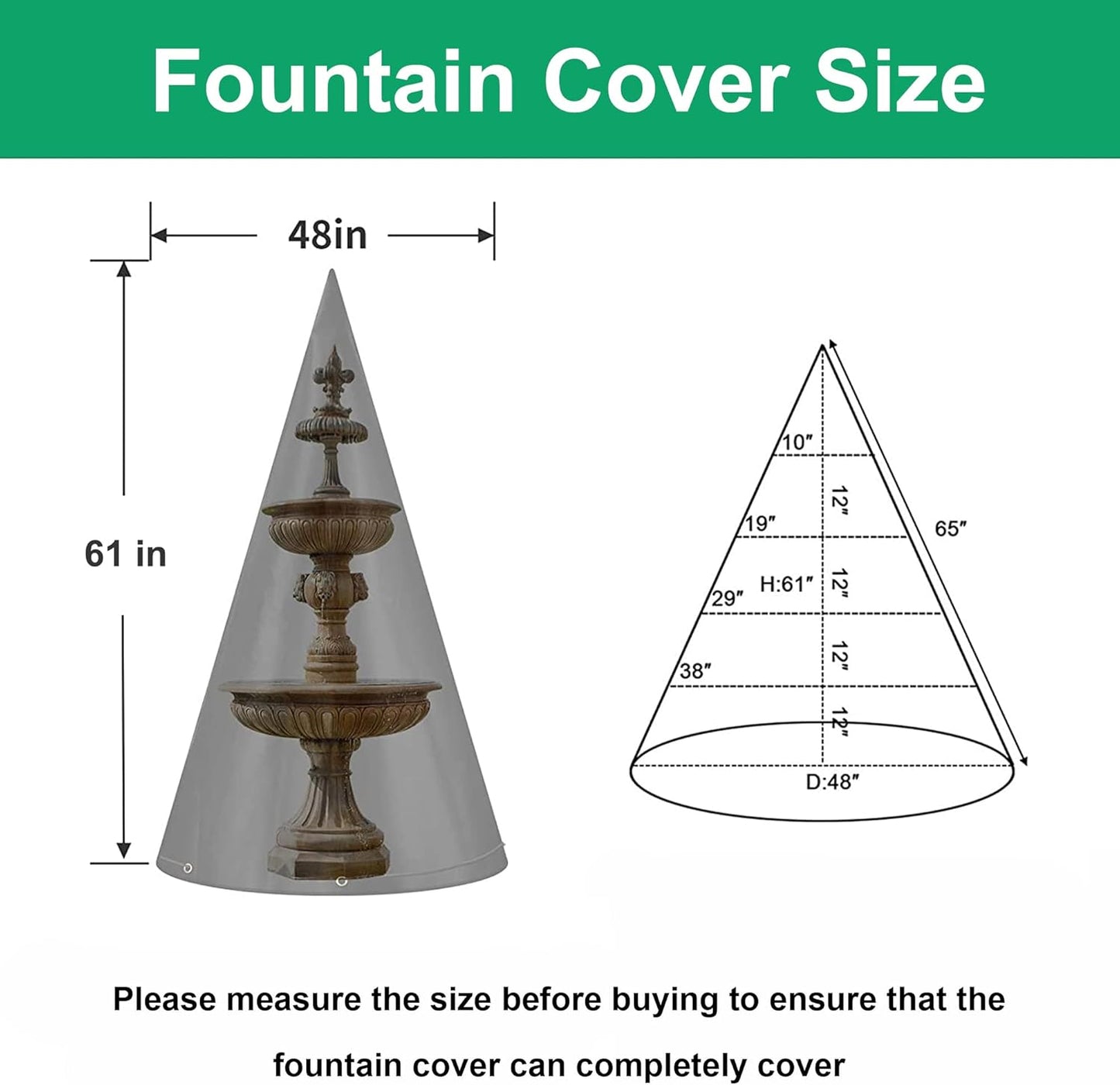 Outdoor 48"X61" Garden Fountain Cover, Heavy Duty Waterproof Bird Bath Cover, Fountain Cover with Locking Drawstring for Winter, Black