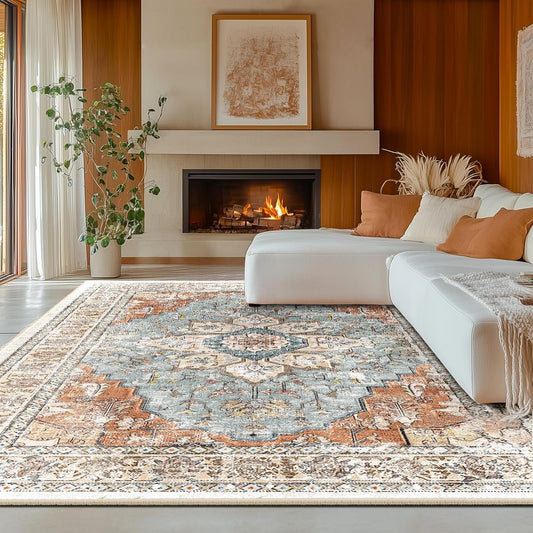 8X10 Area Rug Washable Rugs for Living Room, No Pile Boho Carpet for Entryway Bedroom Dinning Room, Vintage Carpet Print Distressed Non-Slip, 8 X 10 Ft, Green Brick Rust Red