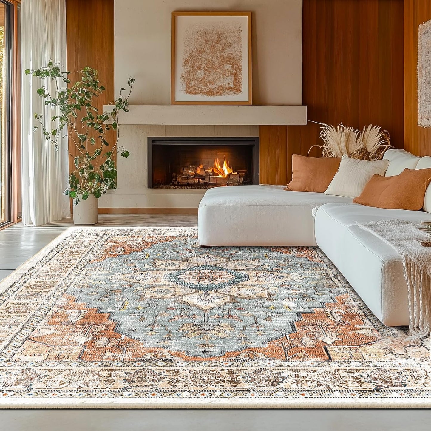 8X10 Area Rug Washable Rugs for Living Room, No Pile Boho Carpet for Entryway Bedroom Dinning Room, Vintage Carpet Print Distressed Non-Slip, 8 X 10 Ft, Green Brick Rust Red