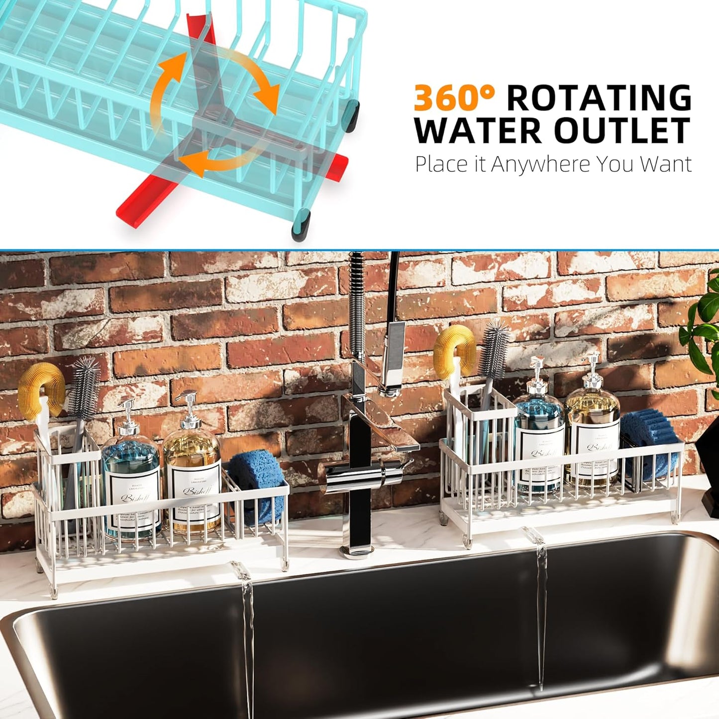 Extra Large Kitchen Sink Caddy, Rustproof Sponge Holder for Kitchen Sink with High Brush Holder, Stainless Steel White Kitchen Caddy Sink Countertop Organizer, Sponge Caddy for Kitchen Sink