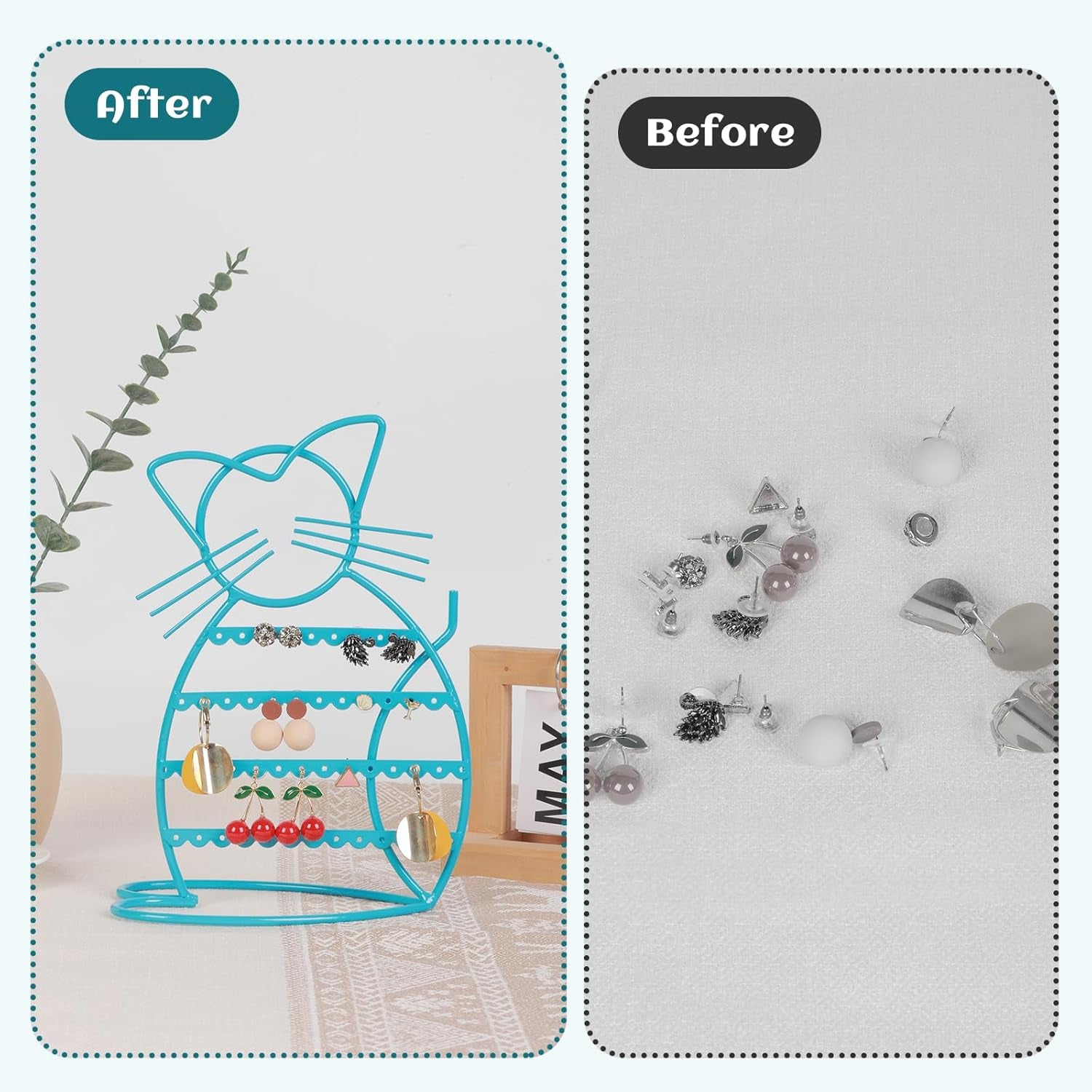 Jewelry Organizer Stand Cat Shaped Earring Holder Organizer Metal 48 Stud Earring Holes Jewelry Holder, Metal Jewelry Display Vanity Organizer for Girls - Blue