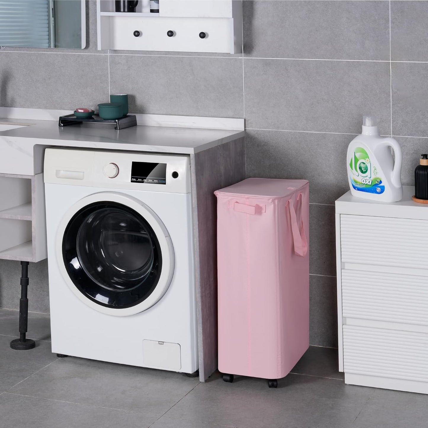 Slim Laundry Hamper with Lid and Wheels, Small Rolling Laundry Basket with Handle for Small Spaces, Tall Dirty Clothes Hampers for Dorm, Bathroom and Bedroom, 75L, Pink