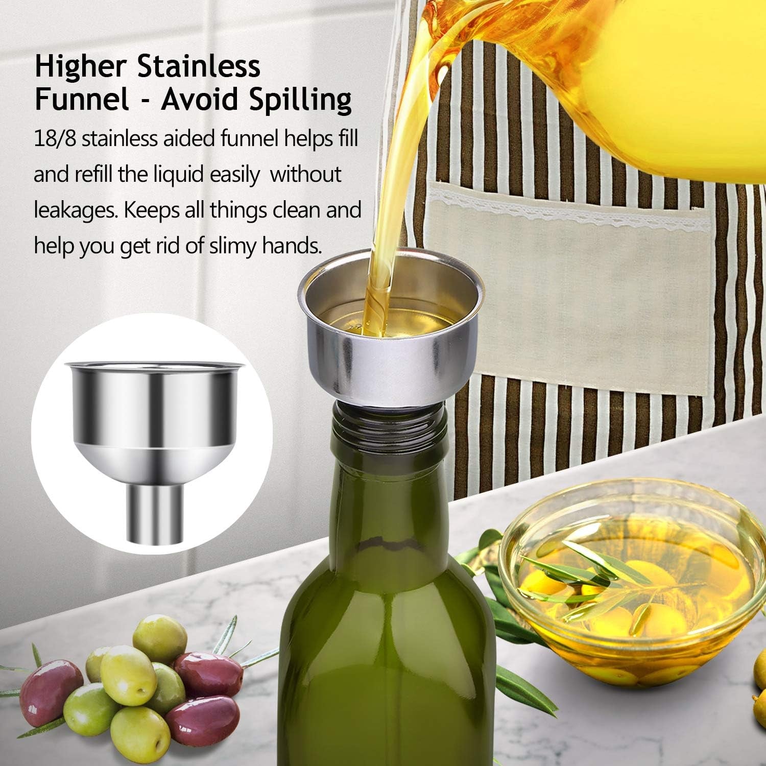 Glass Olive Oil Dispenser Bottle Set - 500Ml Dark Green Oil & Vinegar Cruet Bottle with Pourers, Funnel and Labels - Olive Oil Carafe Decanter for Kitchen, 17 Oz (Pack of 2)