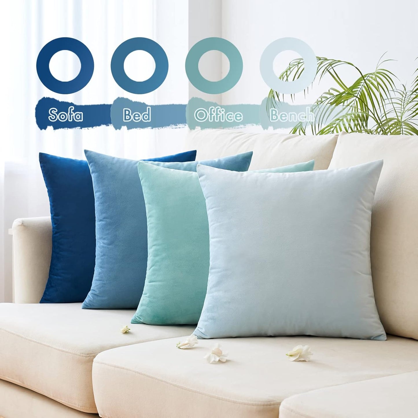 Pack of 4 Velvet Throw Pillow Covers Soft Solid Decorative Square Spring Cushion Case for Sofa Bedroom Living Room 18 X 18 Inch Blue