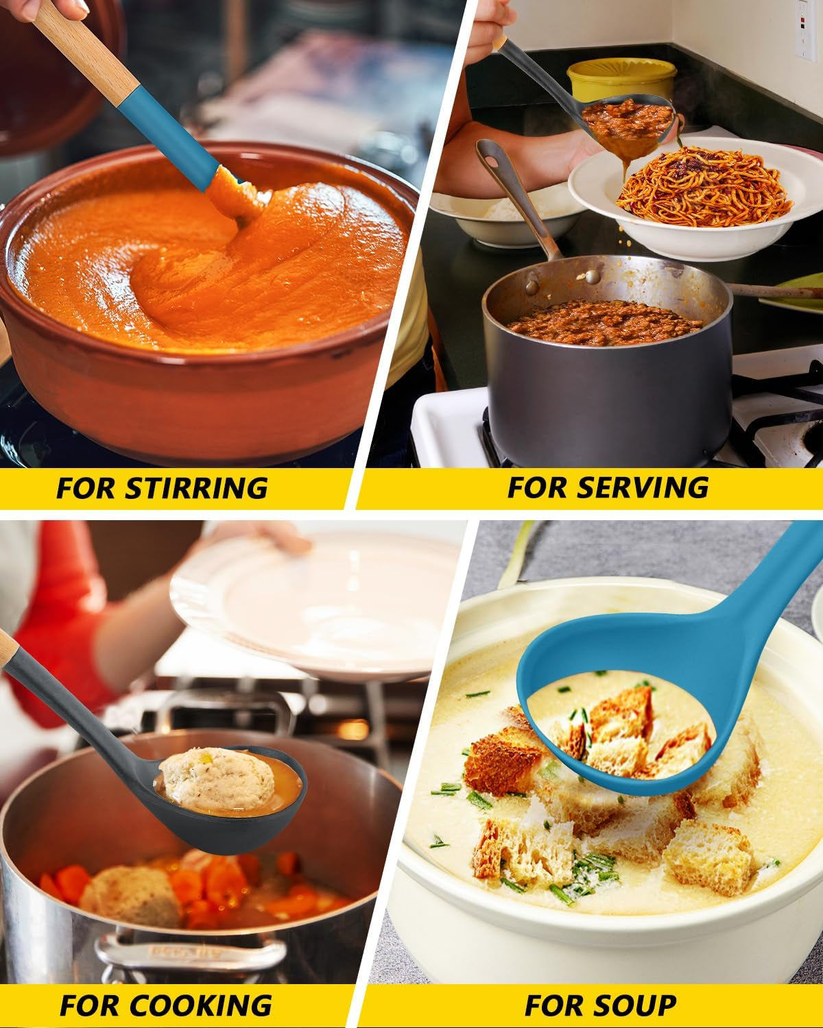 Pack of 2 Soup Ladle, Silicone Ladle Spoon with Wooden Handle, Large Non Stick High Heat Resistant Kitchen Utensils for Cooking, Stirring, Serving Soups(Gray-Blue)