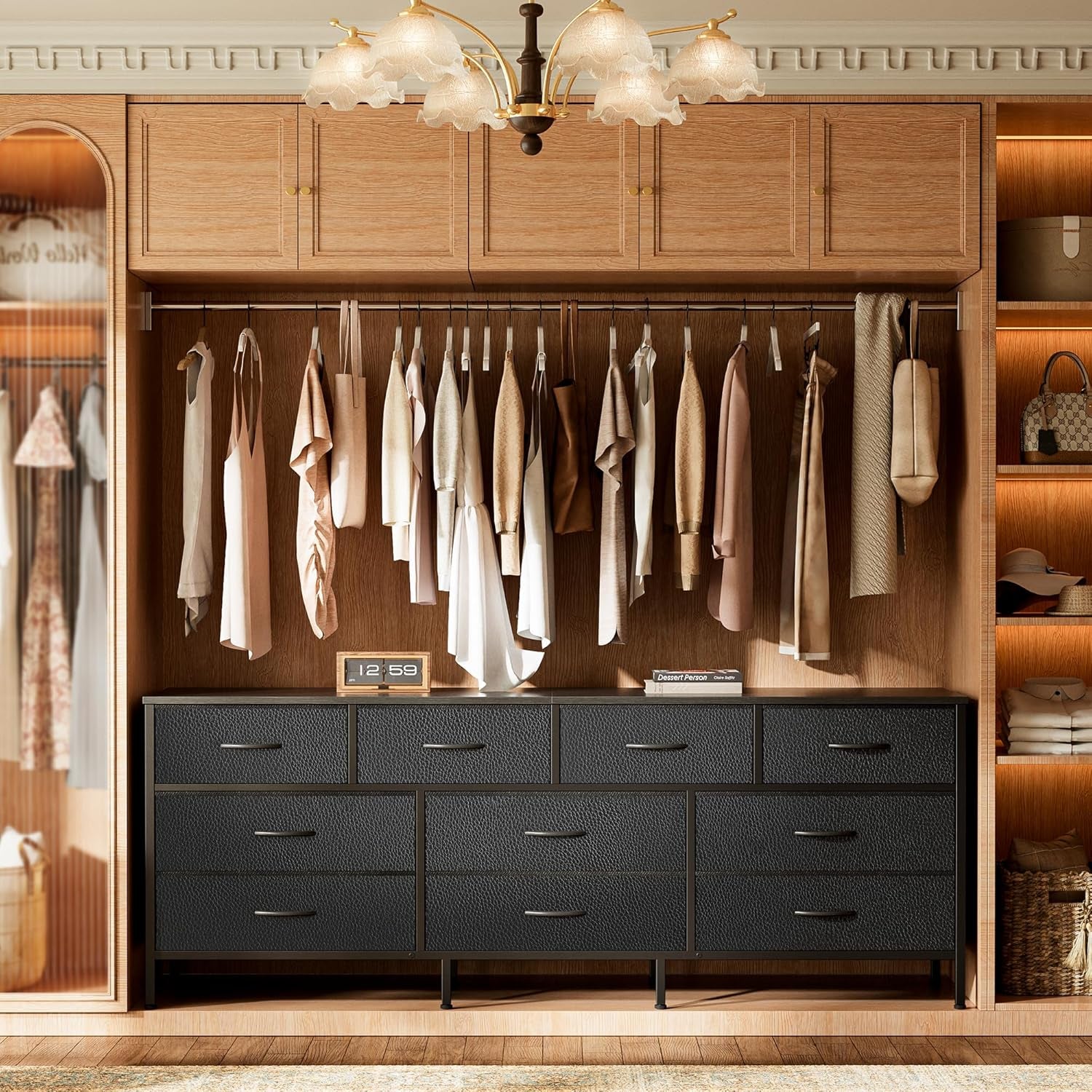 63-Inch Versatile Dresser with 10 Fabric Drawers, Ideal TV Stand for 55 to 70 Inch TVs, and Toy Storage Organizer in Black