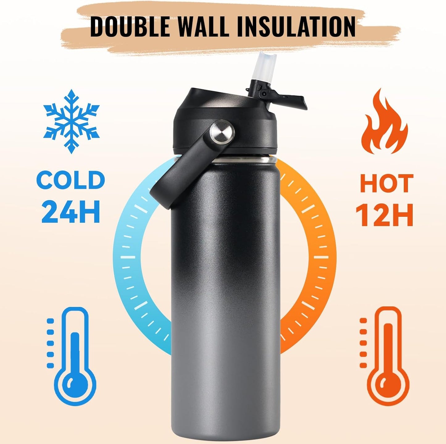 18Oz Insulated Stainless Steel Water Bottle, Wide Mouth Double Wall Vacuum, Silicone Straw, Sweat & Leak Proof, BPA Free Insulated Water Flask for Travel, Keep Cold 24H Hot 12H, Grey