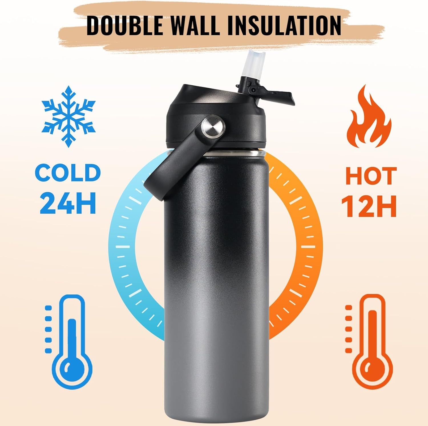 18Oz Insulated Stainless Steel Water Bottle, Wide Mouth Double Wall Vacuum, Silicone Straw, Sweat & Leak Proof, BPA Free Insulated Water Flask for Travel, Keep Cold 24H Hot 12H, Grey