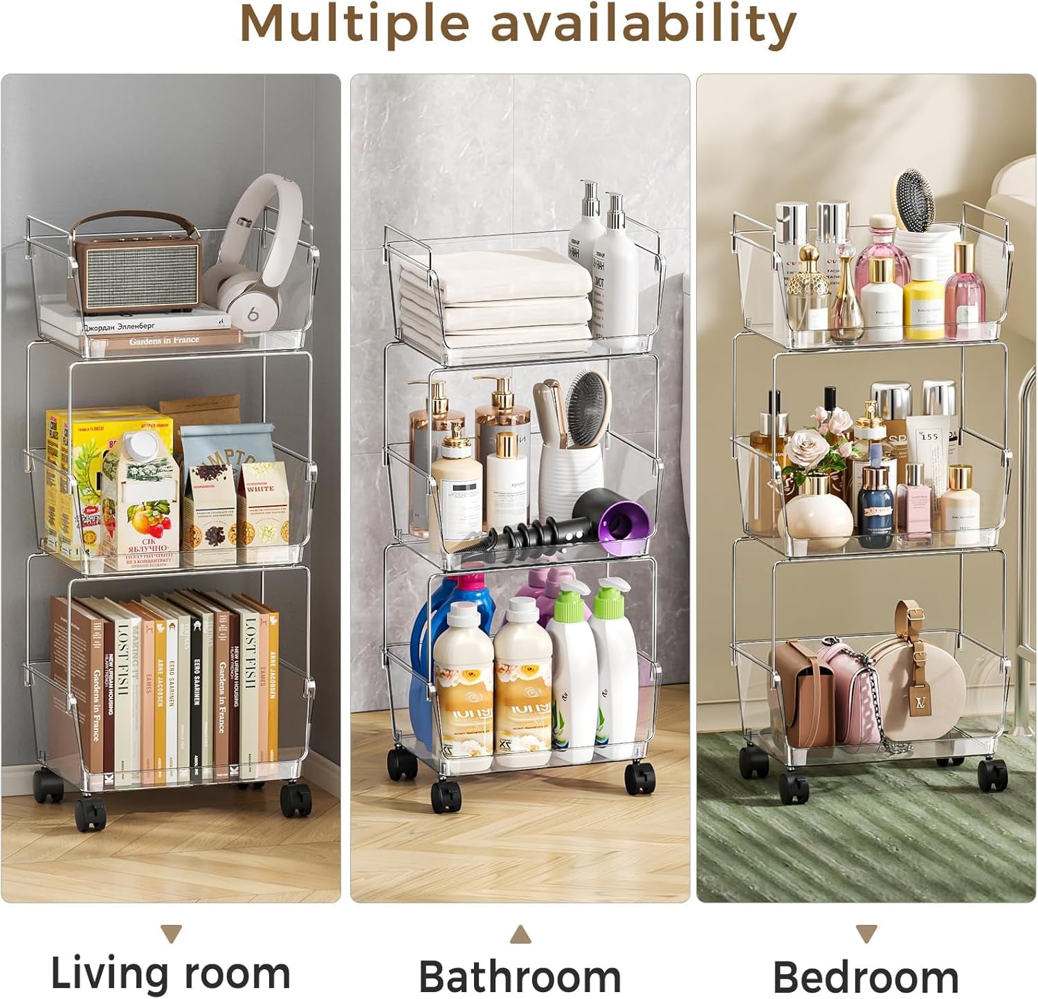 3 Tier Rolling Cart for Kitchen, Bathroom, Office – Acrylic Utility Storage Carts with 2 Lockable Wheels – Ideal for Small Spaces, Pantry, Classroom, Makeup Organizer, Dorm Storage, Clear