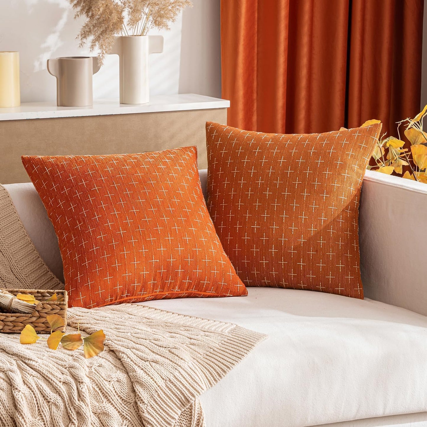 Fall Pack of 2 Decorative Burlap Linen Throw Pillow Covers Modern Farmhouse Pillowcase Rustic Woven Textured Cushion Cover for Sofa Couch Bed 18X18 Inch Burnt Orange