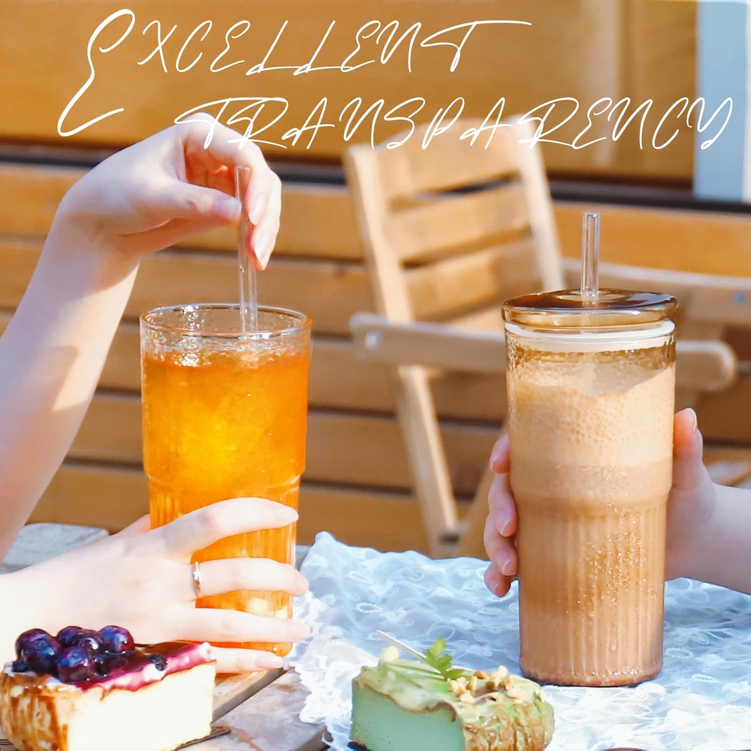 20Oz Glass Cups with Lids and Straws, 4 Pack High Borosilicate Iced Coffee Cups Drinking Glasses Tumbler for Smoothie, Water, Tea, Juice Drinks, Clear