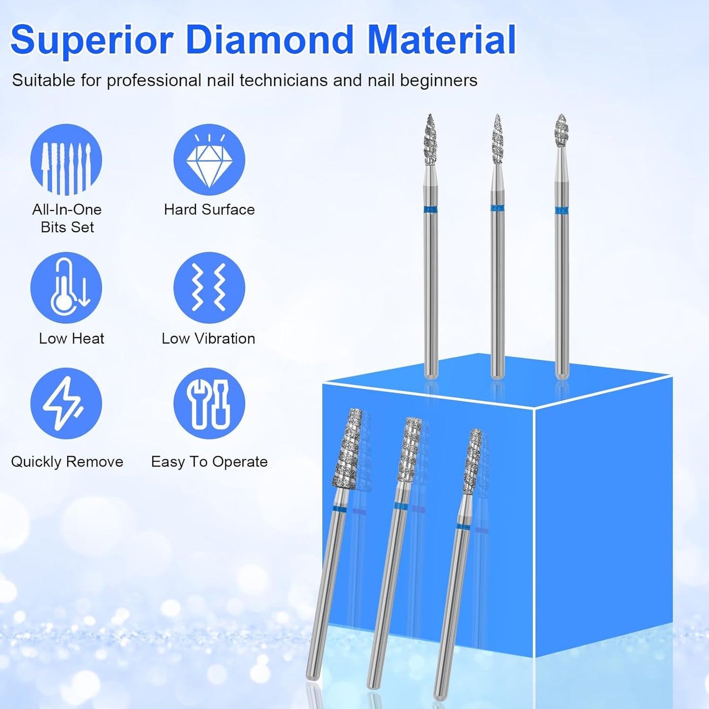 6 Pack Nail Drill Bits for Acrylic Nails, Diamond Carbide Nail Clipper Heads with Diamond Spiral Grooves, 3/32 Inch Cutter Attachment for Nail Preparation, Cuticle and Dead Skin Removal-Blue
