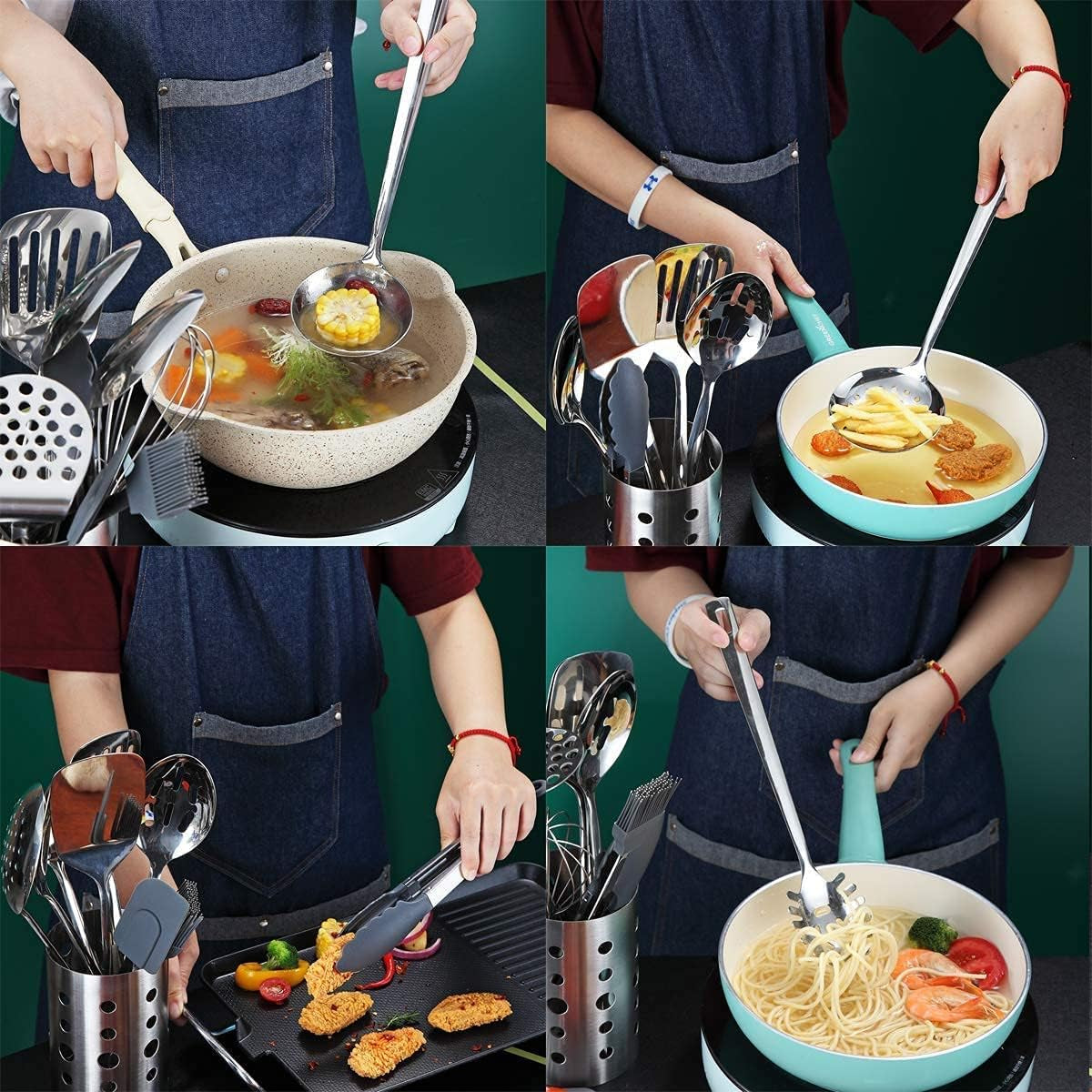 Professional Stainless Steel 13-Piece Cooking Utensils Set with Non-Stick, Heat Resistant Features and Dishwasher Safe Design, Includes Utensil Holder