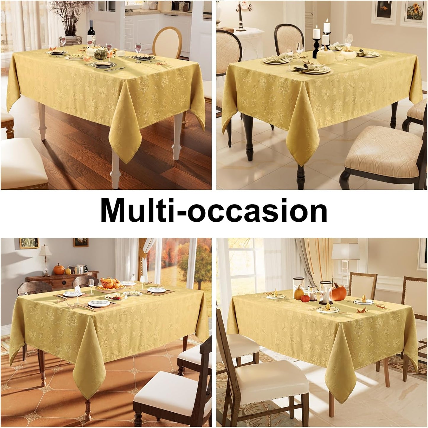 Rectangle Thanksgiving Tablecloth, 60X84 Inch Fall Waterproof Damask Table Cloth, Autumn Leaves Fabric Jacquard Table Covers for Harvest Parties, and Holiday Dinner, Gold