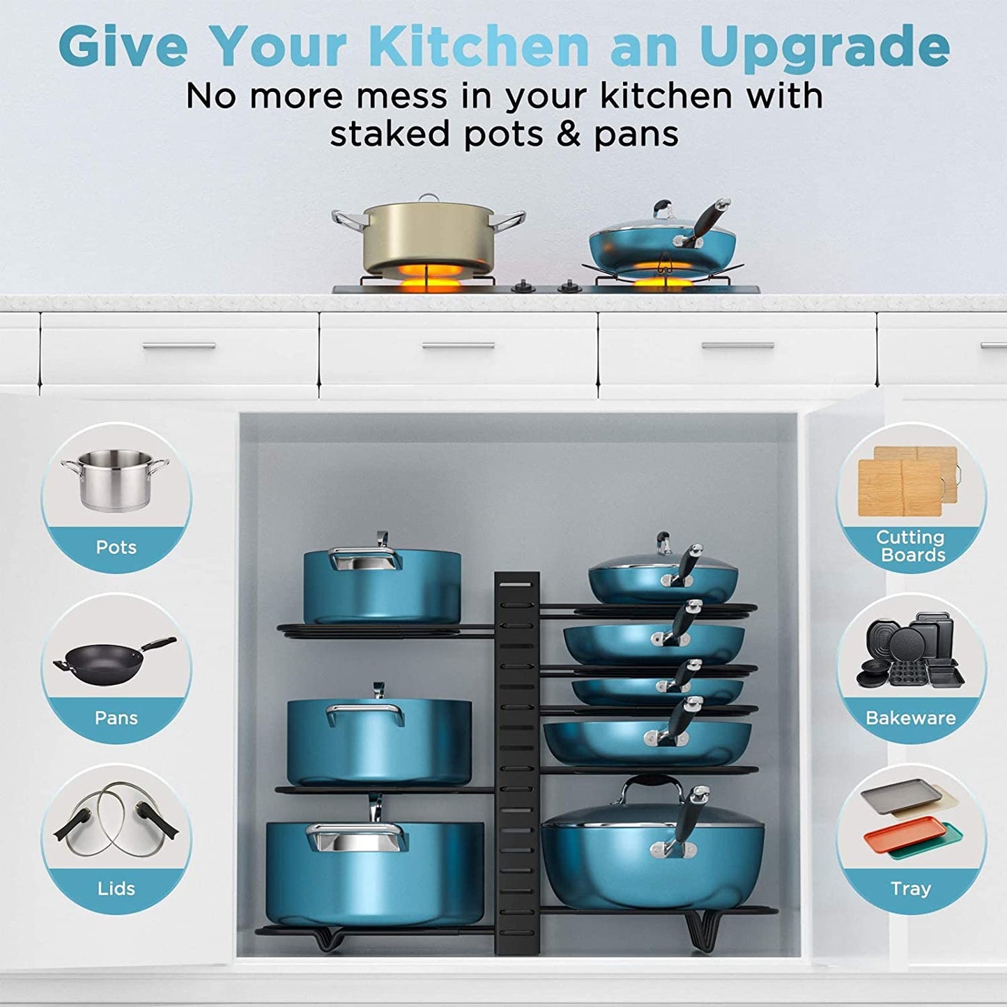 Pots and Pans Organizer for Cabinet 16.61 Height, 8 Tier Pot Organizers Rack with 3 DIY Methods, Adjustable Pan Organizer under Cabinet Kitchen Organization and Storage