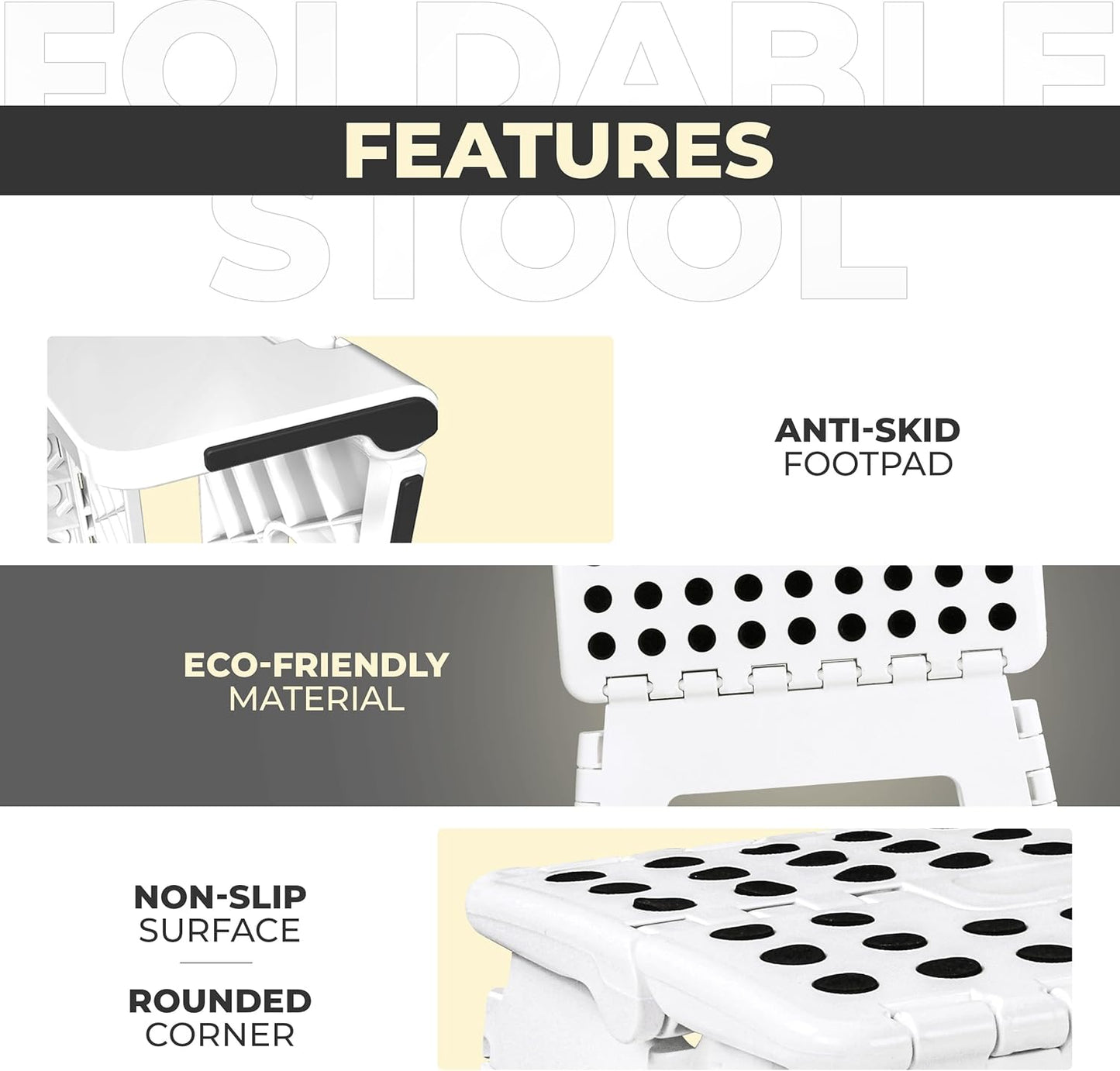 Folding Step Stool with 9 Inch Height (Pack of 1) - Holds up to 300 Lbs - Lightweight Plastic Foldable Step Stool for Kitchen, Bathroom & Living Room (White)