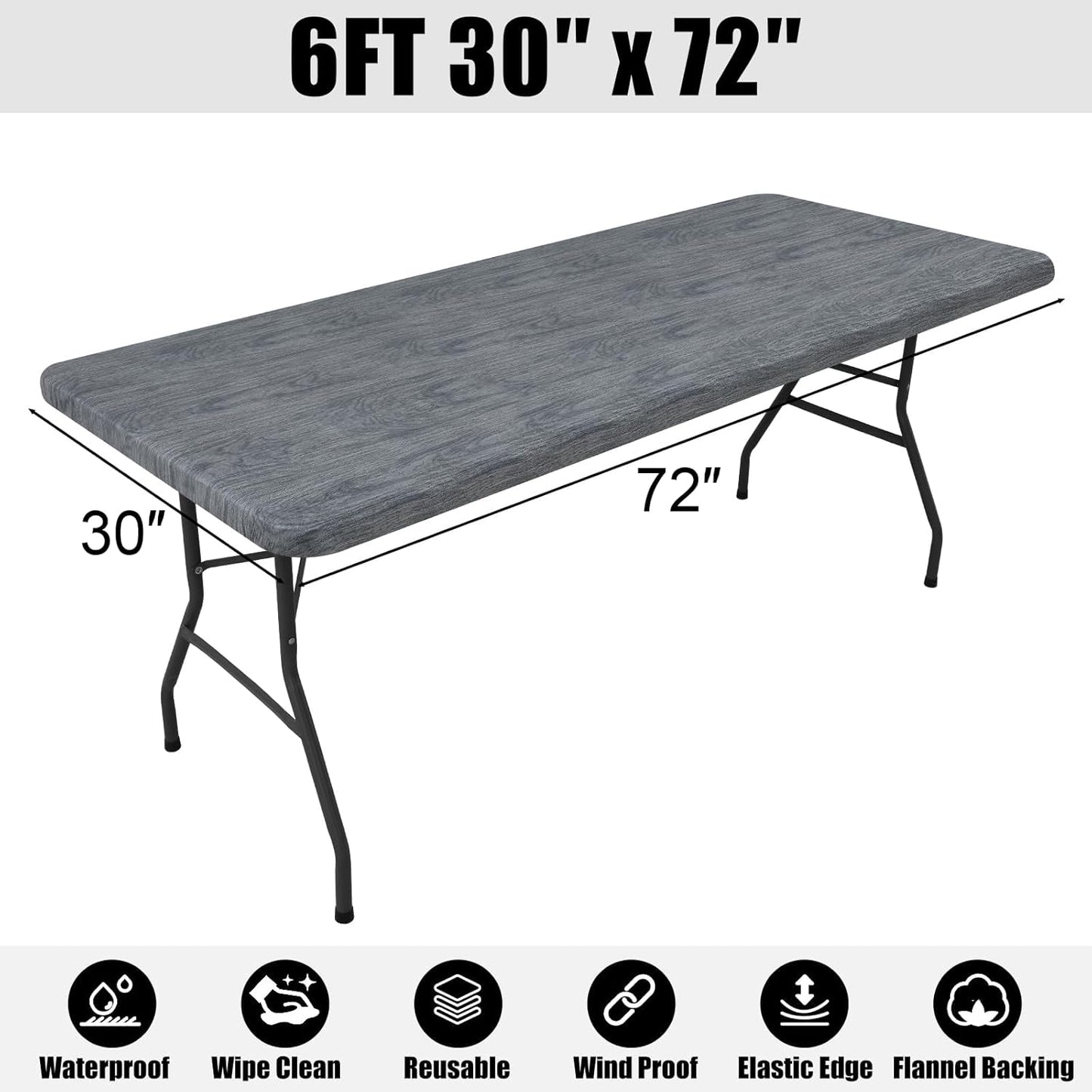 Rectangle Picnic Tablecloth, Wipeable Flannel Backed Vinyl Tablecloths for 6 Foot Tables, Waterproof Elastic Fitted Table Covers for Camping, Indoor, Outdoor (Grey, 30X72 Inches)