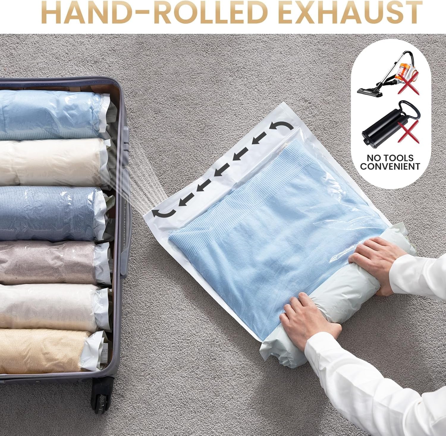 12 Pack Travel Compression Bags, Roll up Space Saver Bags (6 Large+6 Medium), No Vacuum Needed Reusable Packing for Luggage, Suitcase, Backpack, Travel Essentials, Cream