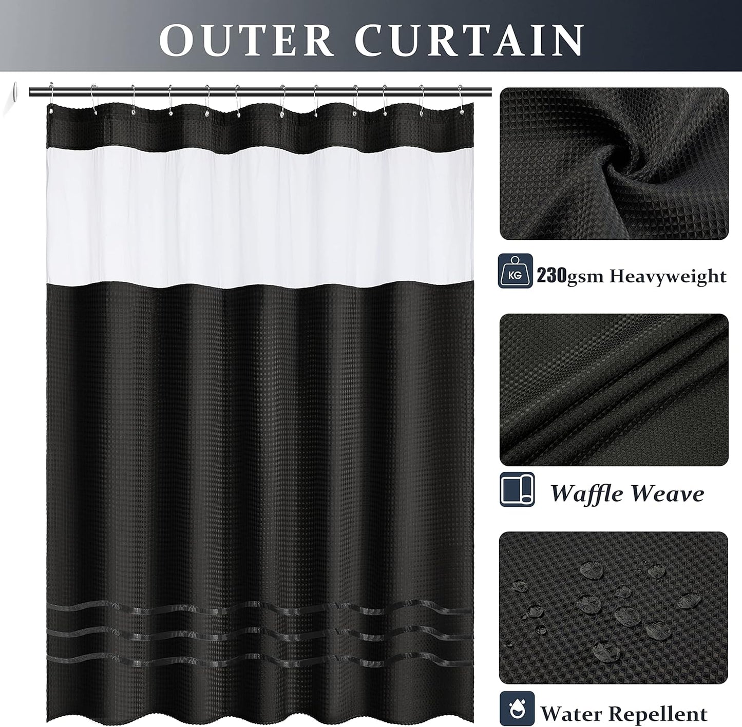 Waffle Weave Shower Curtain Set with Snap-In Fabric Liner, Heavyweight Fabric with 12 Hooks, Waterproof and Washable, Mesh Top Window, 78 "X 72", Black