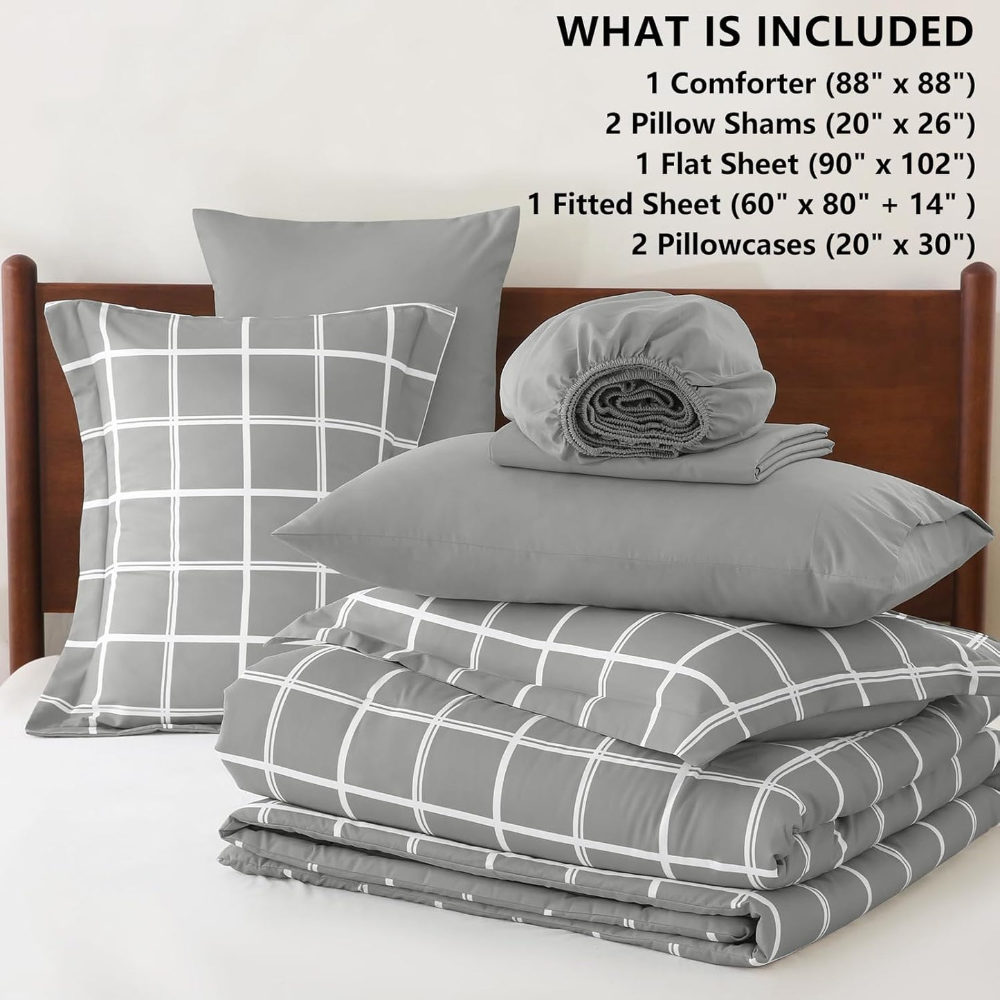 Queen Comforter Set with Sheets - 7 Pieces Plaid Bed in a Bag Set Grey, Soft Queen Bedding Sets Bed Set with All Season Quilted Comforter, Flat Sheet, Fitted Sheet, Pillowcases & Pillow Shams