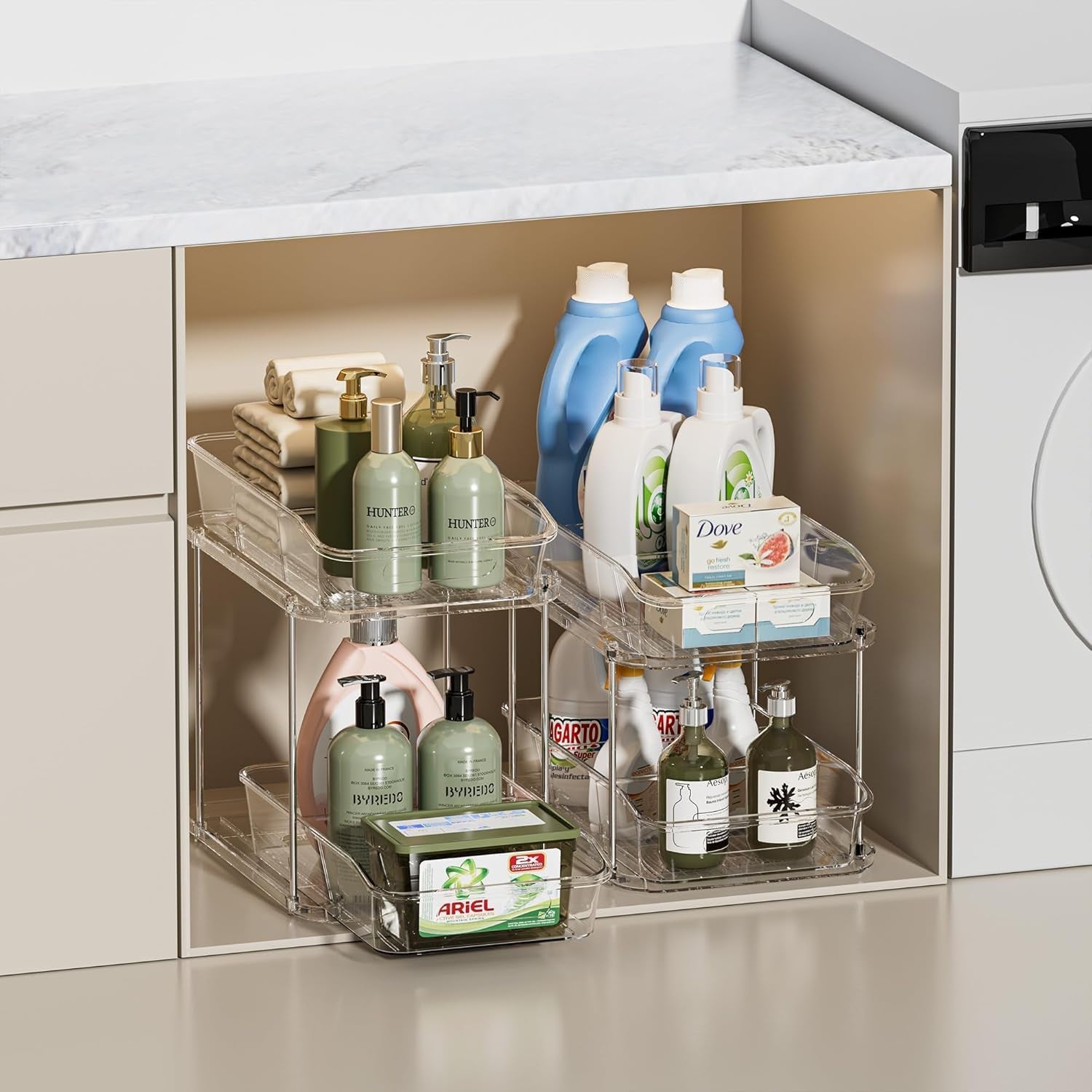 2 Sets of 2-Tier Clear under Sink Organizers and Storage, Multi-Purpose Stackable Bathroom Cabinet Organizers, Pull Out Kitchen Pantry Organization and Storage with Dividers