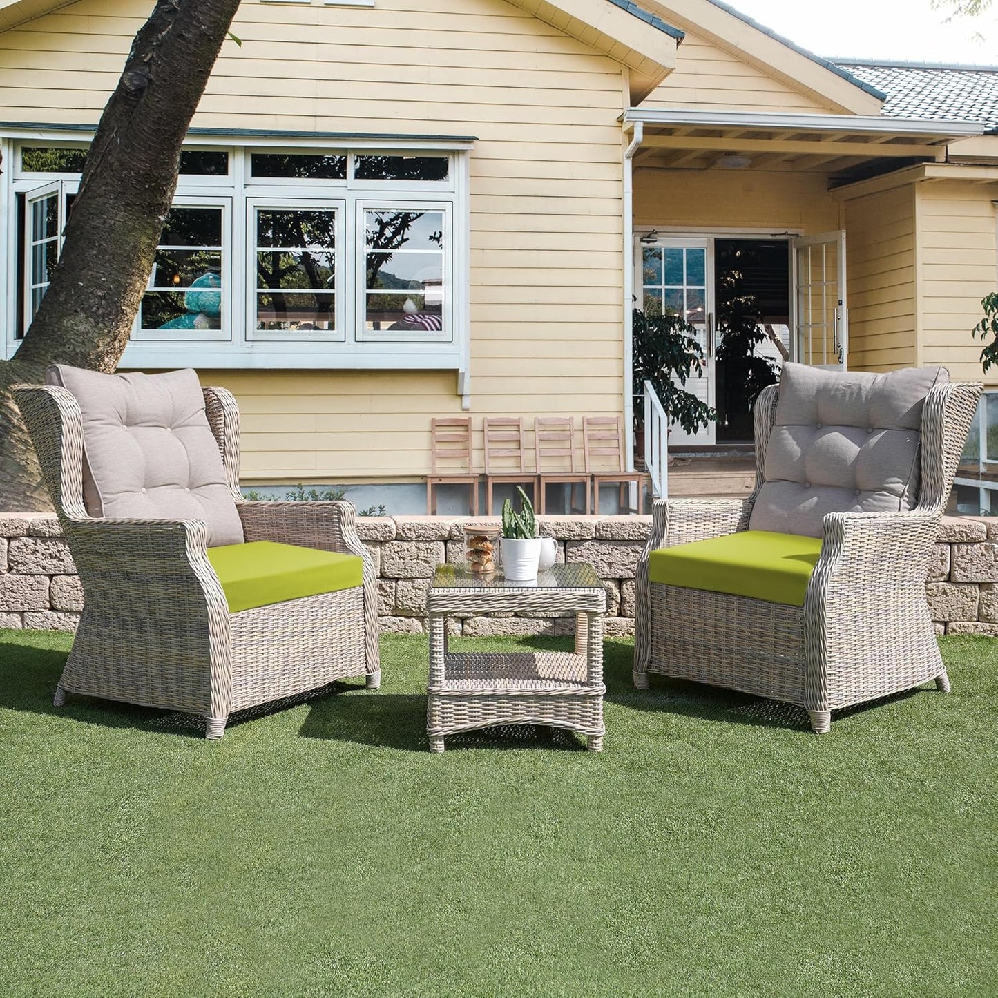 Outdoor Chair Cushions Pack of 4, Water Resistant Patio Cushions with Ties, High Density Sponge Filling Square Corner Seat Cushions for Outdoor Furniture, 18.5"*16"*3", Green Oasis