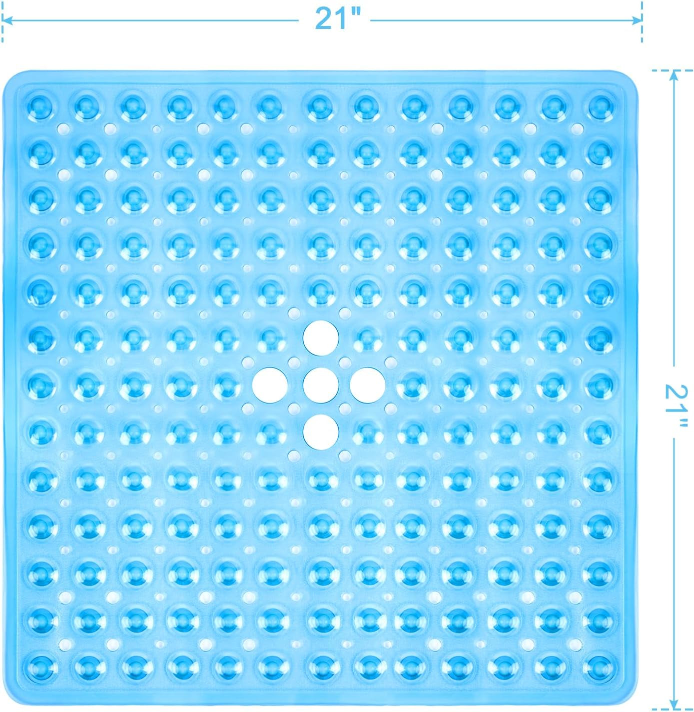 Shower Mat Non Slip 21 X 21 Inches, Square Shower Mat with Suction Cups and Drain Holes, Shower Stall Mat Machine Washable (Clear Blue)