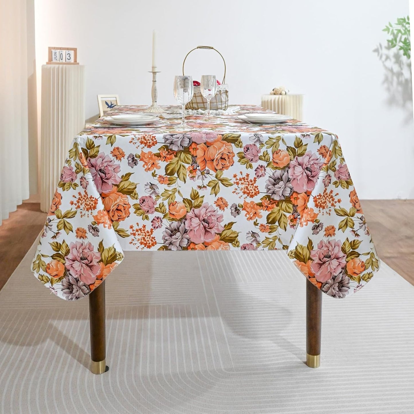 Rectangle Flower Table Cloth, Waterproof Vinyl Tablecloth with Flannel Backing, Table Linens, Plastic Tablecloths for Dinner, Kitchen and Parties, 60"X84"