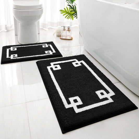 Bathroom Rugs Sets 2 Piece, Soft and Water Absorbent Microfiber Carpet, Non-Slip Washable Bath Mats (20"X32"+16"X24", Black and White)