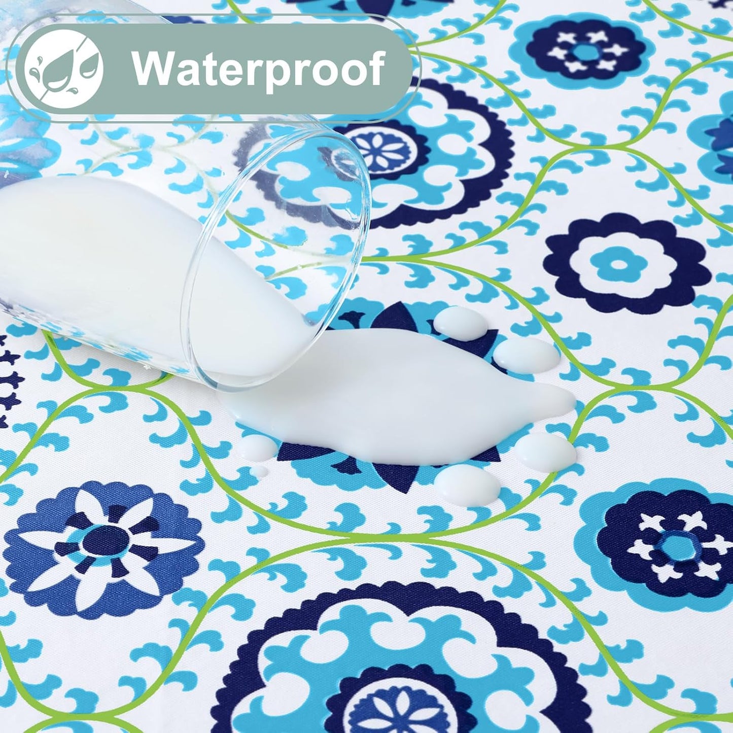 Rectangle Waterproof Vinyl Table Cloth, Wipeable Tablecloth with Flannel Backing, Plastic Table Cover for Dinner, Picnic, Indoor and Outdoor (Navy Mandala, 60" X 84")