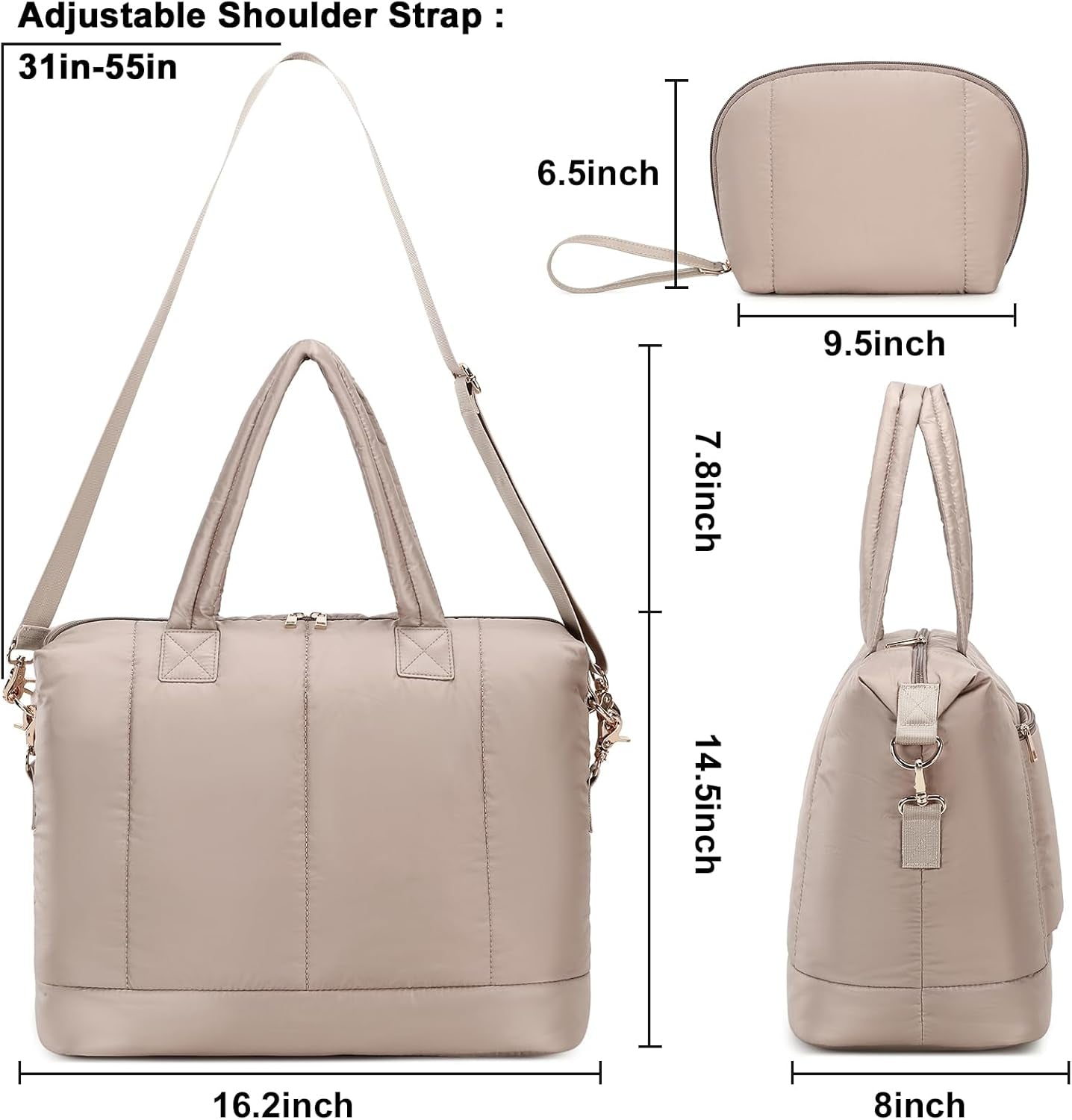 Weekender Bags for Women Puffer Tote Bag with Zipper Carry on Airport Bag Winter Shoulder Bags for Travel Work