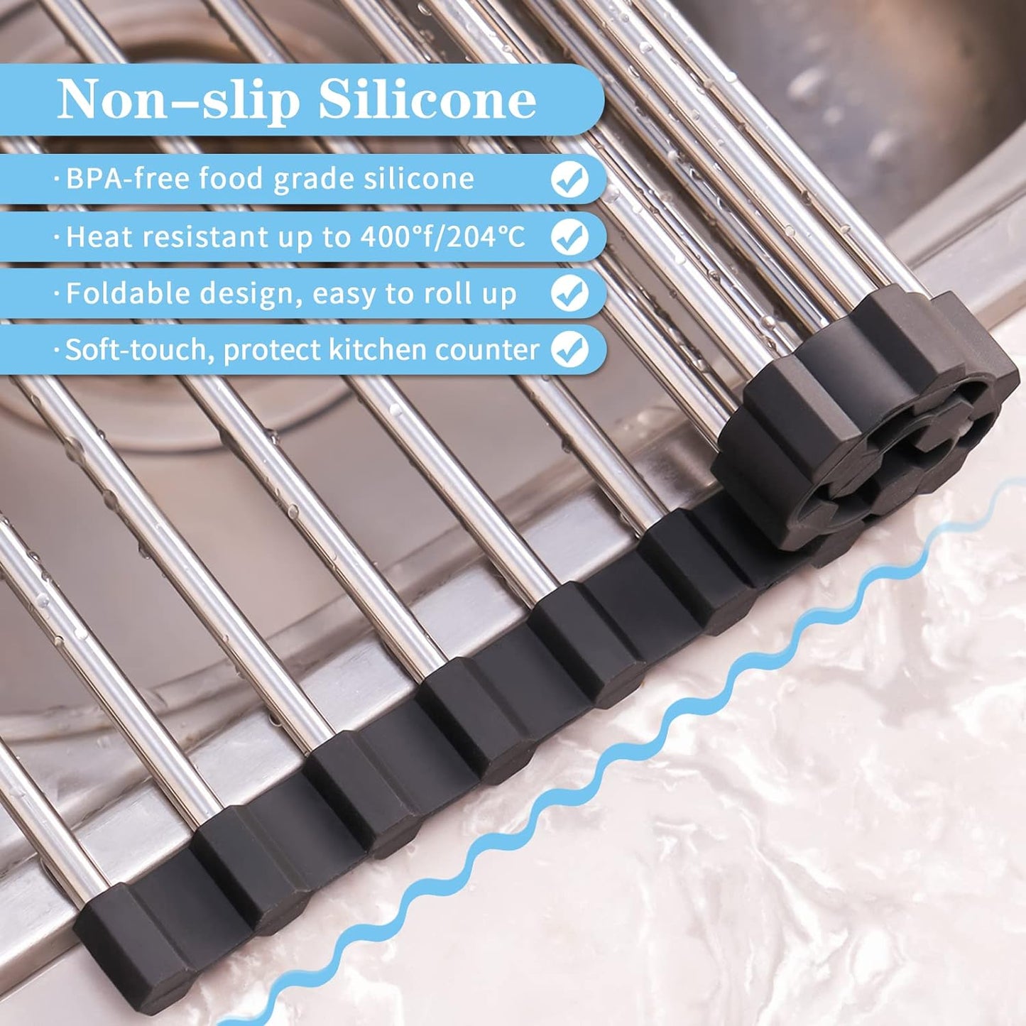 Roll up Dish Drying Rack over the Sink Drying Rack for Kitchen, Folding Dish Rack over Sink Mat, Stainless Steel Dish Drainer Rack Kitchen Organizer Accessories Black 17"X11.8"