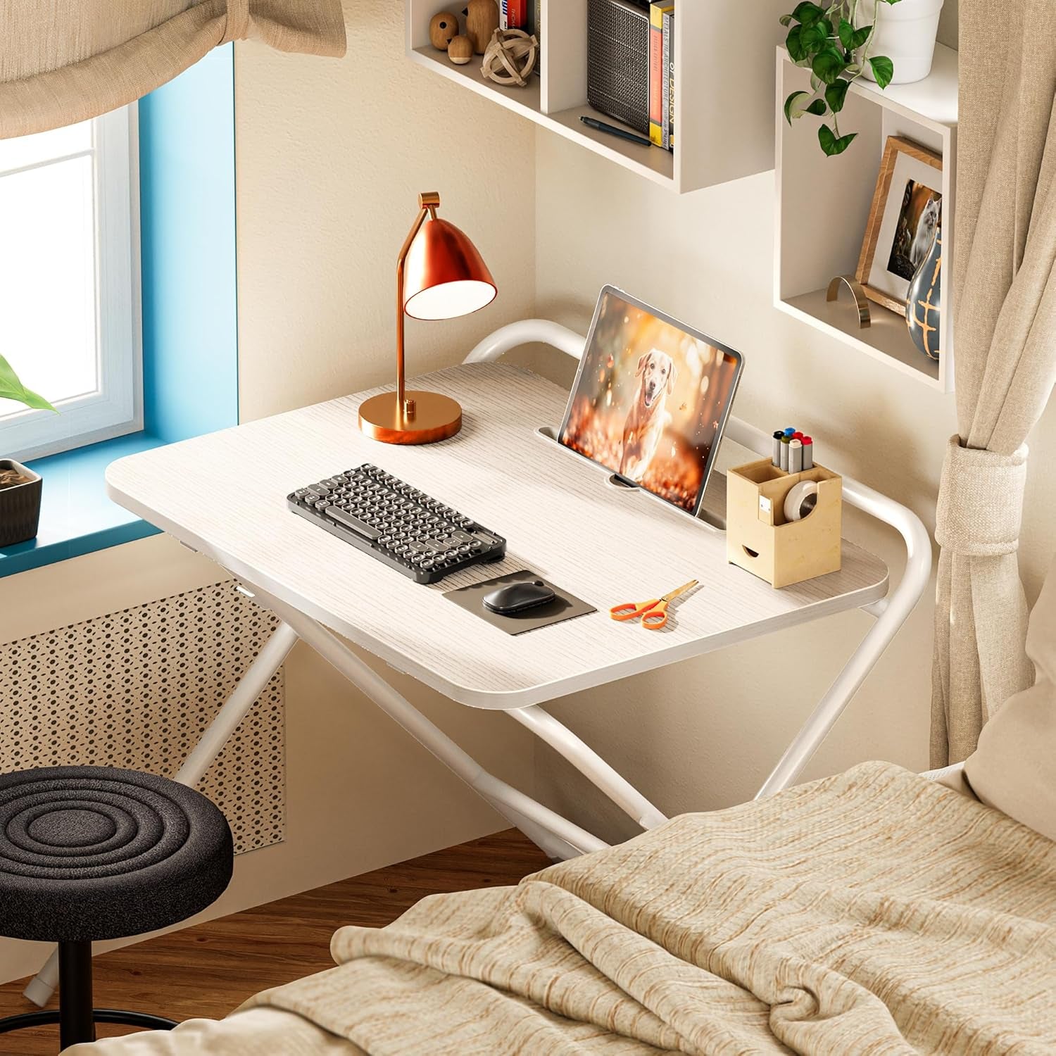 Folding Desk with Adjustable Height and Tablet Slot, 24-Inch Space-Saving Computer Desk for Home Office, Bedroom, and Study, White