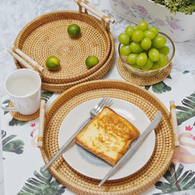 Rattan round Serving Tray Wicker Woven Bread Basket with Handles for Cracker Dinner Parties Coffee Table Breakfast (Natural 12.6 Inches)