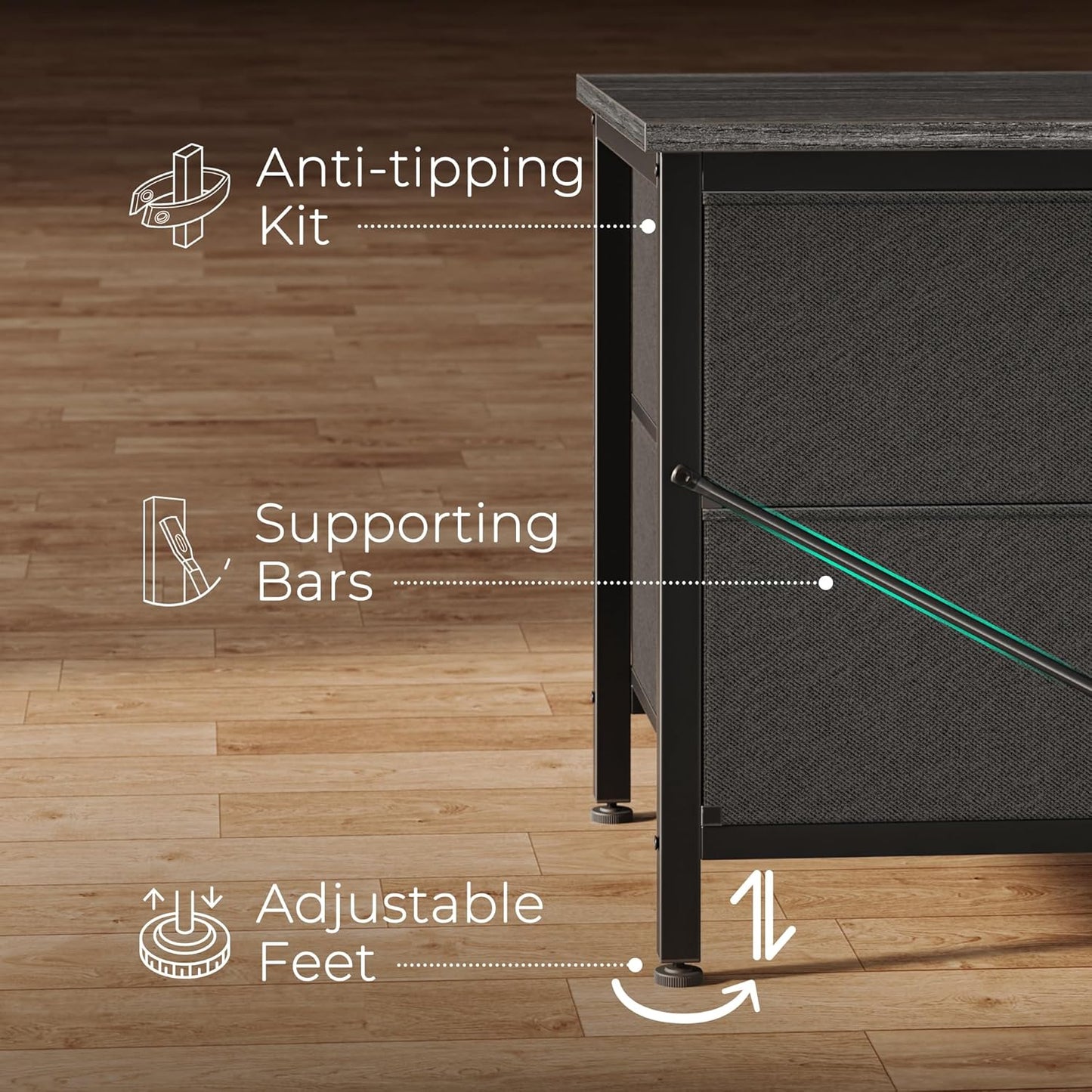 7-Drawer Fabric Dresser and 47-Inch TV Stand for 43-55 Inch TVs, Wide Chest of Drawers for Bedroom Storage, Metal Frame, Grey