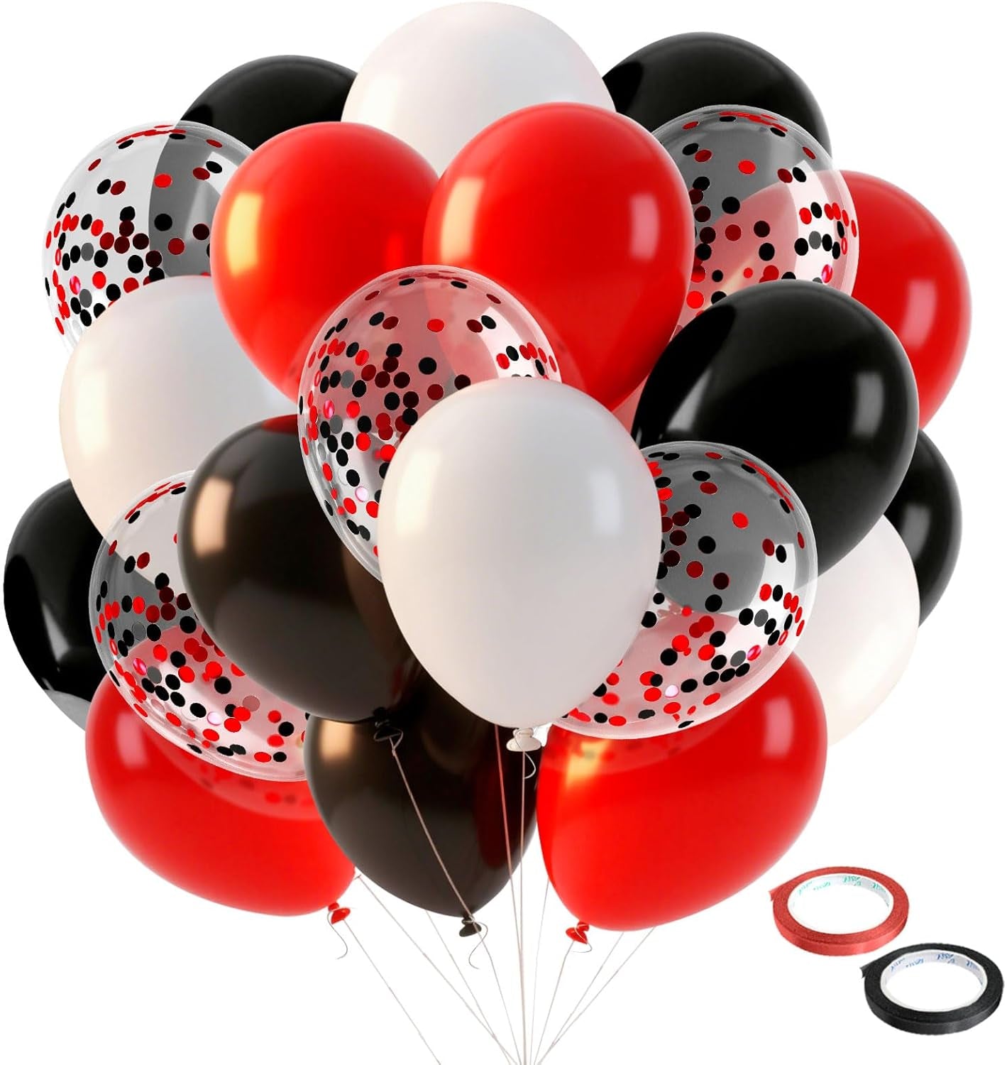 Red White and Black Balloons 12 Inch Black Red Confetti Party Decoration Balloons with Ribbons for Birthday, Wedding, Baby Shower, Anniversary, Casino Theme, Graduation Party Supplies
