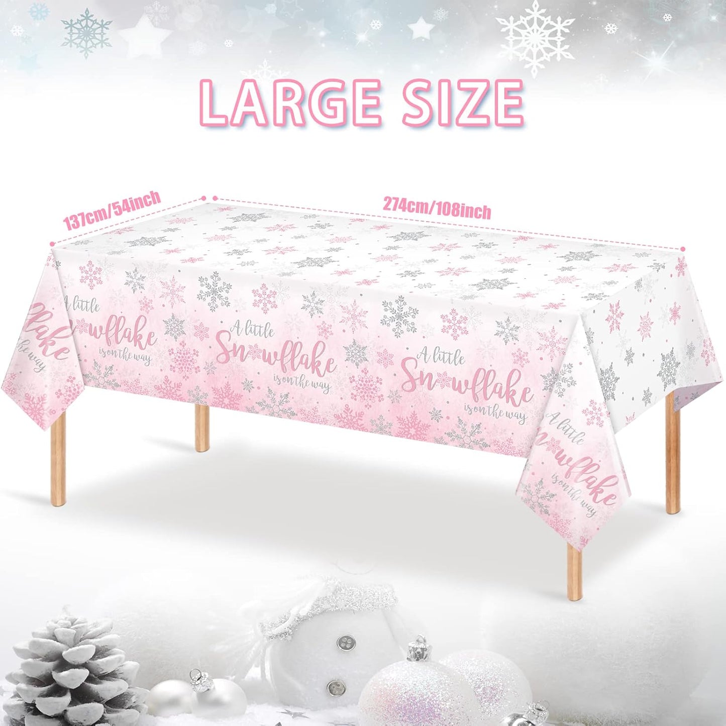 3Pcs Winter Snowflake Tablecloth, Little Snowflake Is on the Way Baby Shower Plastic Pink Tablecloth, Winter Wonderland Baby Shower Decorations for Onederland Princess Gender Reveal, 54X108Inch