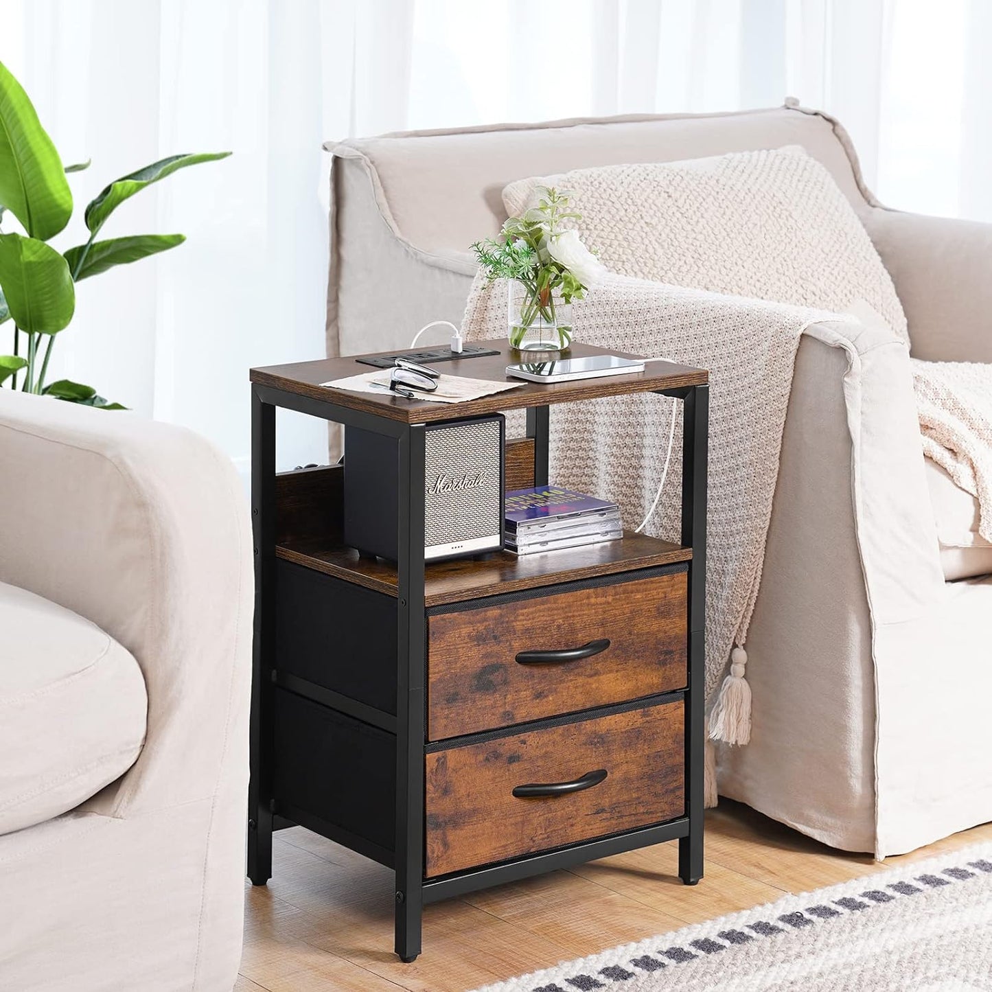 Nightstand with Charging Station, Small Night Stand with Fabric Drawers and Storage Shelf for Bedrooms, Small Spaces, Bedside Table with USB Ports & Outlets