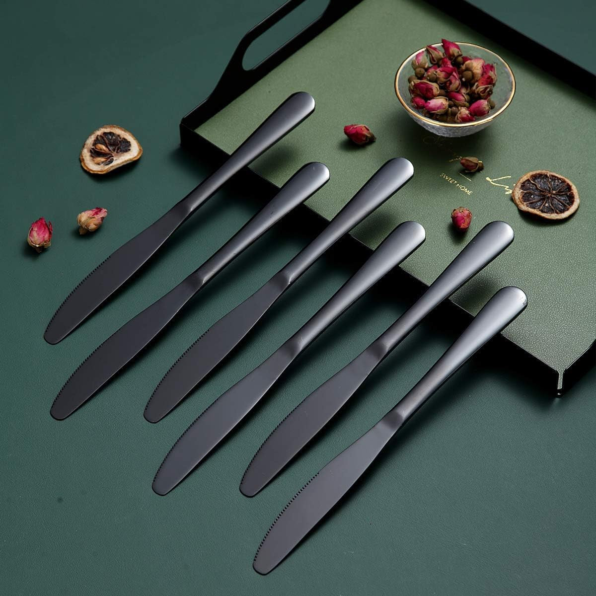 Set of 12 Black Stainless Steel Dinner Knives with Titanium Plating - Durable, Dishwasher Safe Butter Knife Spreaders