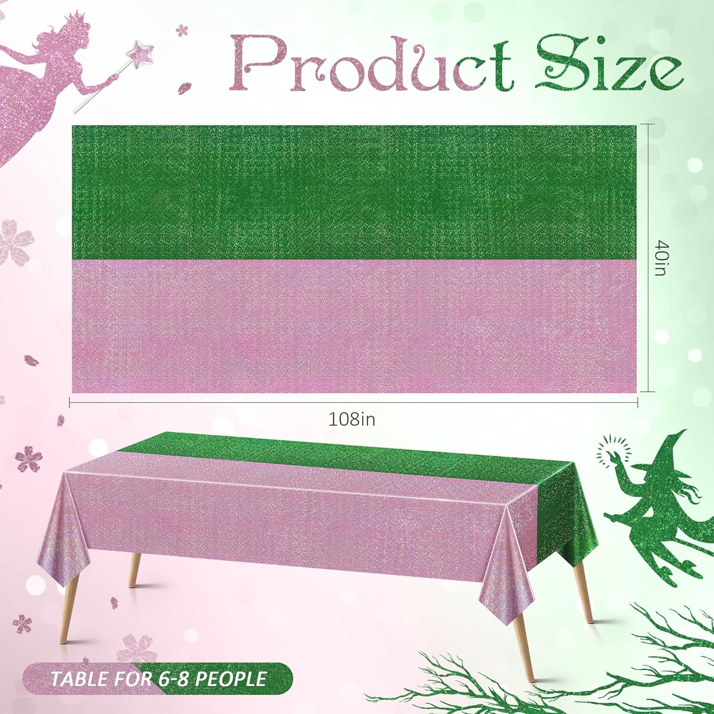 2-Pack Iridescent Green and Pale Pink Holographic Tablecloths 40x108" - Shiny Plastic Table Covers for Celebrations, Baby Showers, Birthdays, Weddings, Anniversaries, Bachelorette Parties, and Holiday Events